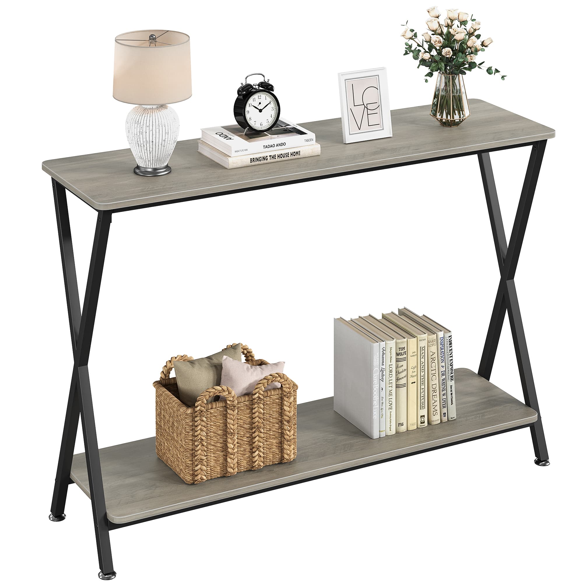 Acekool - Narrow Console Table, 2-Tier Farmhouse Sofa Table with Shelves - Gray