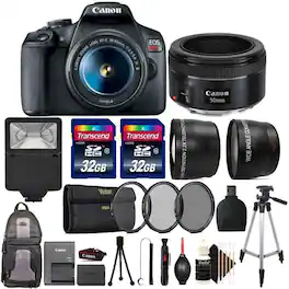 Canon - EOS Rebel T7 DSLR Camera Kit 18-55mm 50mm Lens Flash Tripod Bundle - Black