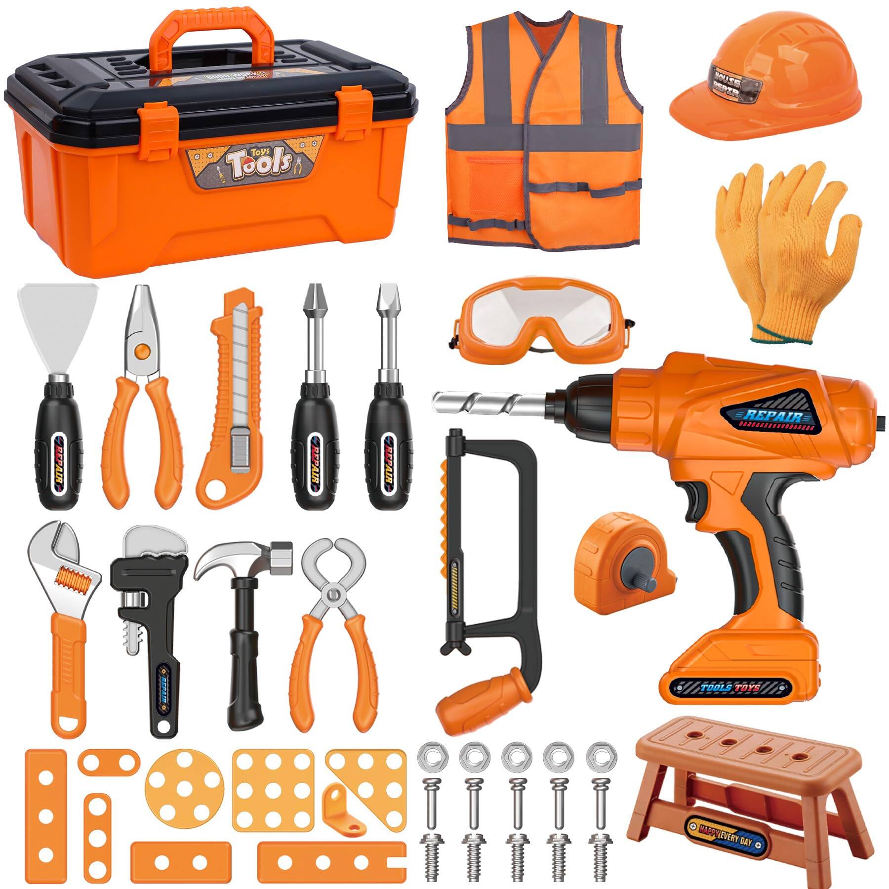 Fabibe - Tool Set 50pcs With Electronic Drill Tape Measure 12 Equipements Pretend Play Construction Coustume Safety Vest Hat B - Orange Toolbox
