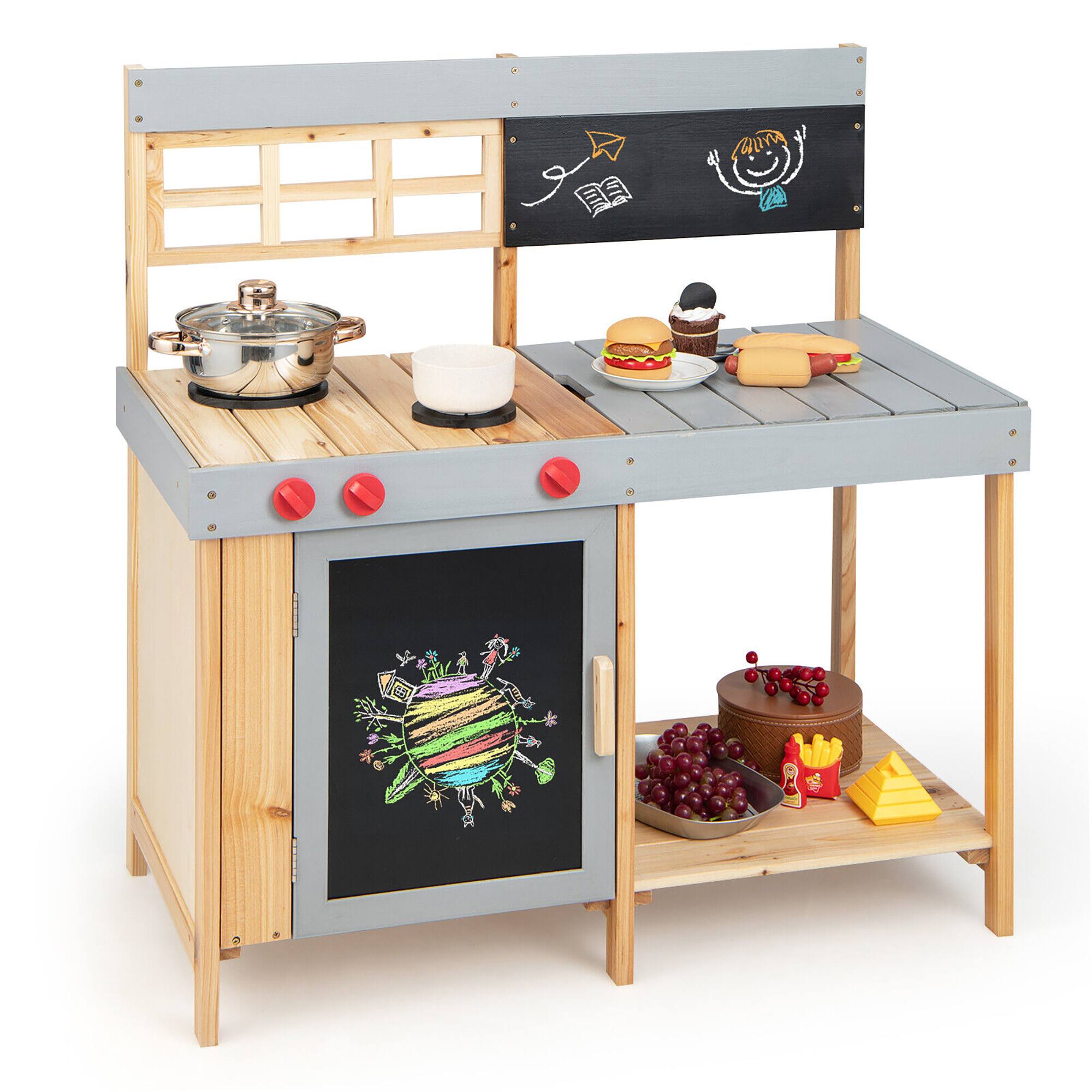 Front. Costway - Costway Kids Kitchen Playset Toy Outdoor Wooden Kid's Play Kitchen for Girls Boys 3+ - Natural,Grey.