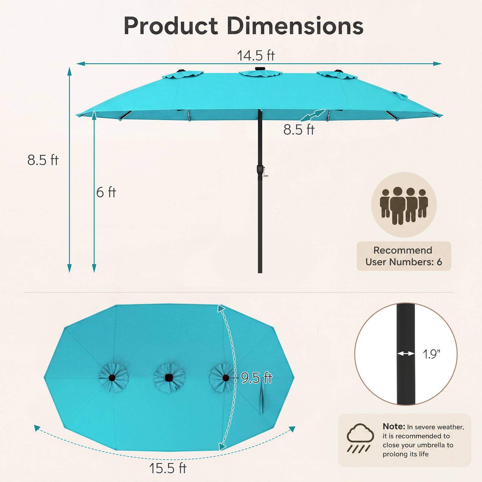 Product Dimensions  
14.5 ft  
8.5 ft  
8.5 ft  
6 ft  
9.5 ft  
15.5 ft  

Recommend User Numbers: 6  

1.9"  

Note: In severe weather, it is recommended to close your umbrella to prolong its life