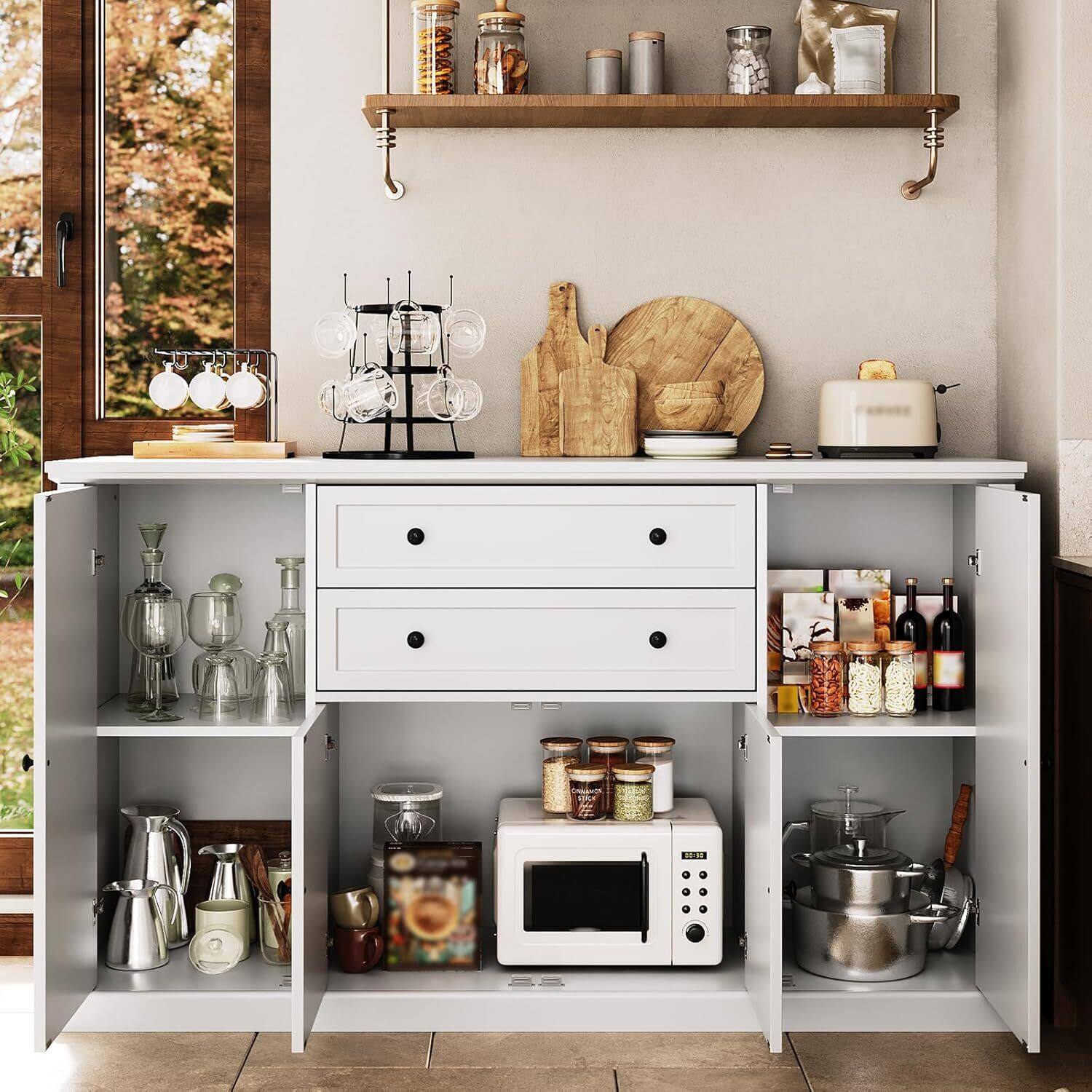 Alt View 1. GARVEE - Large Kitchen Buffet Storage Sideboard, 58" Farmhouse Wood Coffee Bar Cabinet, 2 Large Drawers, White - White.