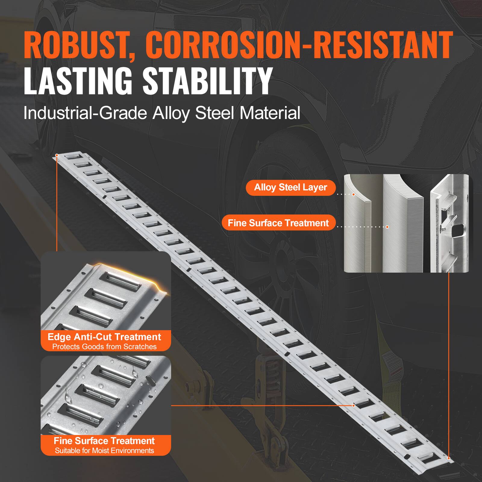 ROBUST, CORROSION-RESISTANT LASTING STABILITY

Industrial-Grade Alloy Steel Material

- Alloy Steel Layer
- Fine Surface Treatment

Edge Anti-Cut Treatment
Protects Goods from Scratches

Fine Surface Treatment
Suitable for Moist Environments
