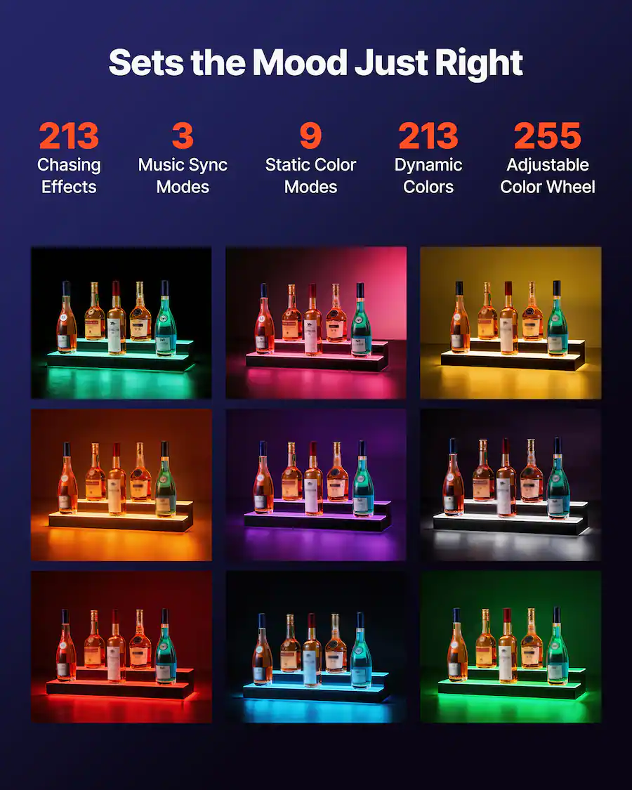 Bookcase Back Support VEVOR LED Lighted Liquor Bottle Display, 2 Tiers 24 inches, Supports ...