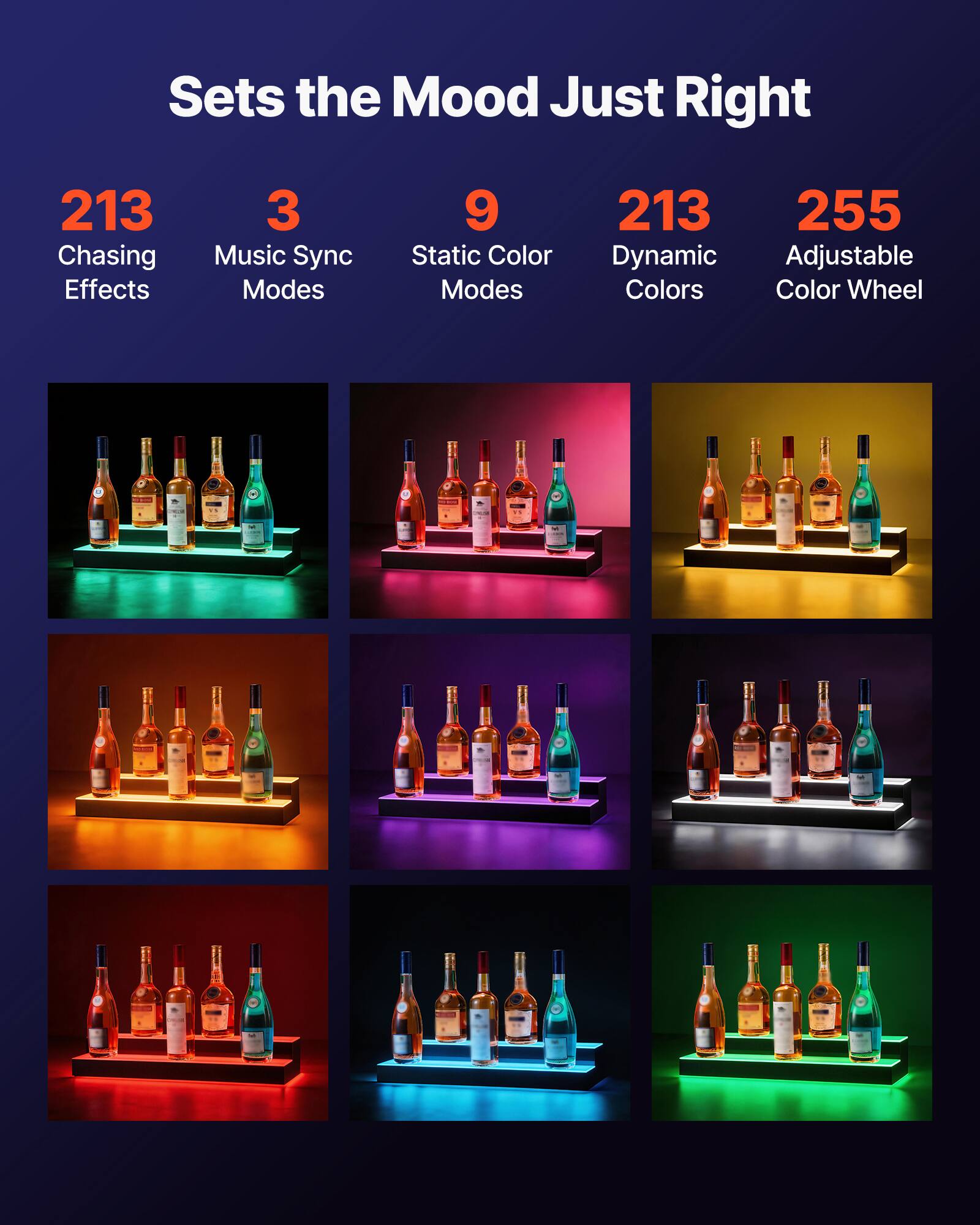 Sets the Mood Just Right

- 213 Chasing Effects
- 3 Music Sync Modes
- 9 Static Color Modes
- 213 Dynamic Colors
- 255 Adjustable Color Wheel