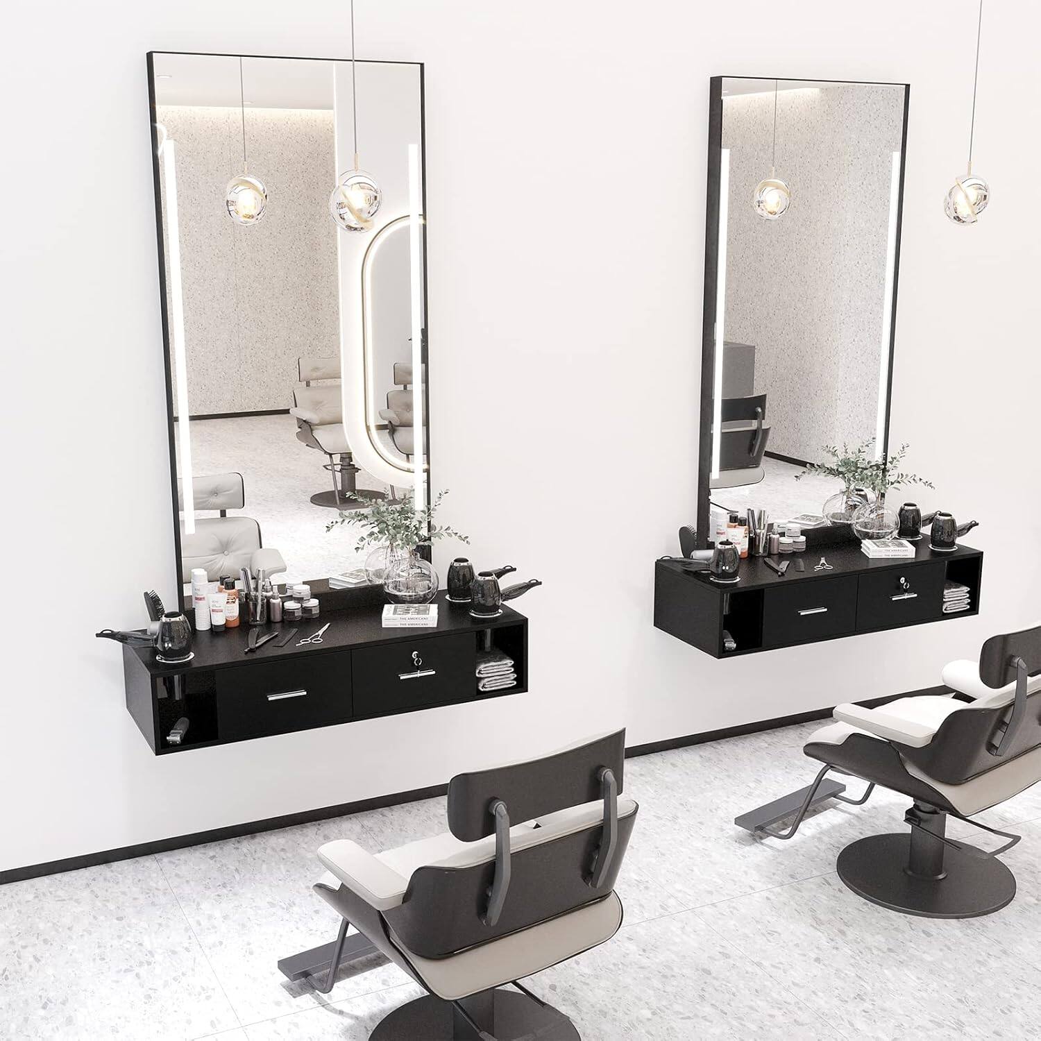 Alt View 4. Winado - Wall Mount Salon Styling Station with 2 Lockable Drawers & 2 Side Open Space & Hair Dryer Holders for Barbershop, Beauty - Black.