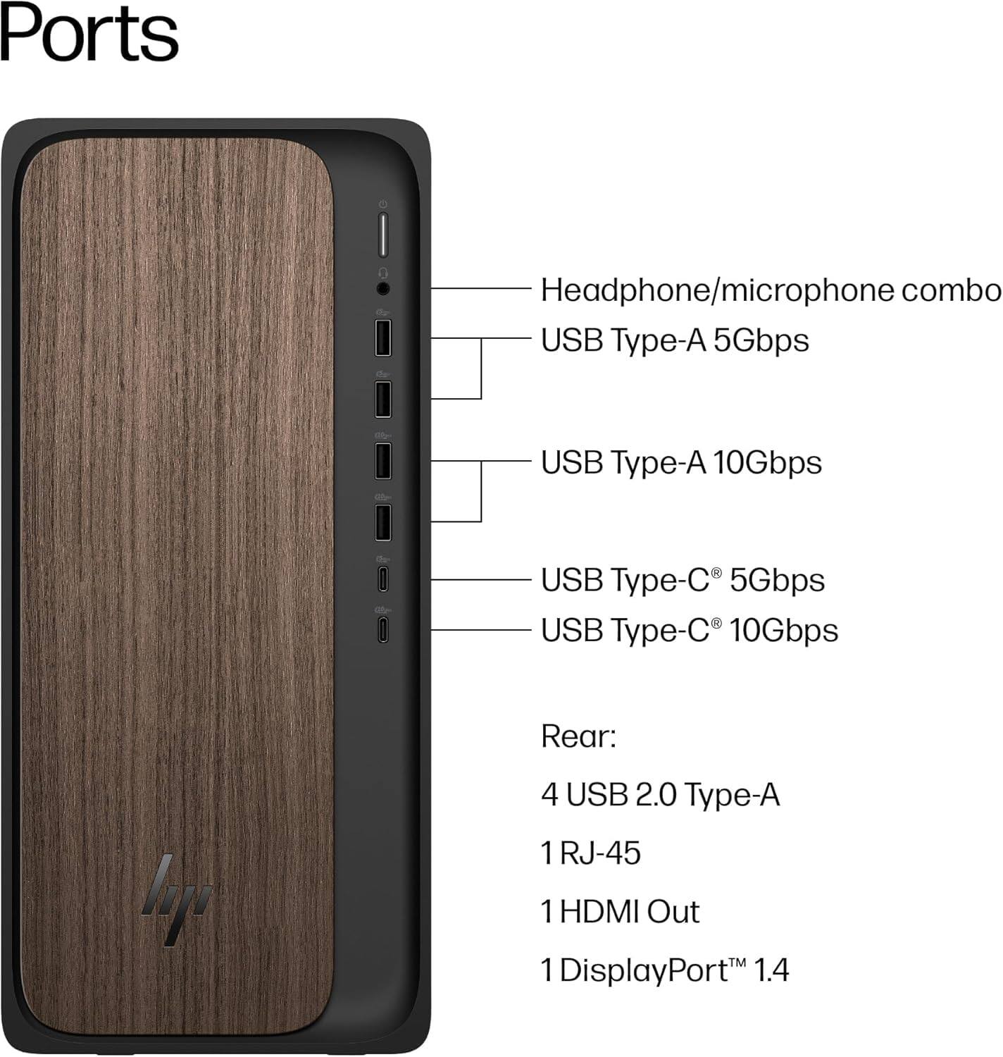 Ports

- Headphone/microphone combo
- USB Type-A 5Gbps
- USB Type-A 10Gbps
- USB Type-C 5Gbps
- USB Type-C 10Gbps

Rear:
- 4 USB 2.0 Type-A
- 1 RJ-45
- 1 HDMI Out
- 1 DisplayPort™ 1.4