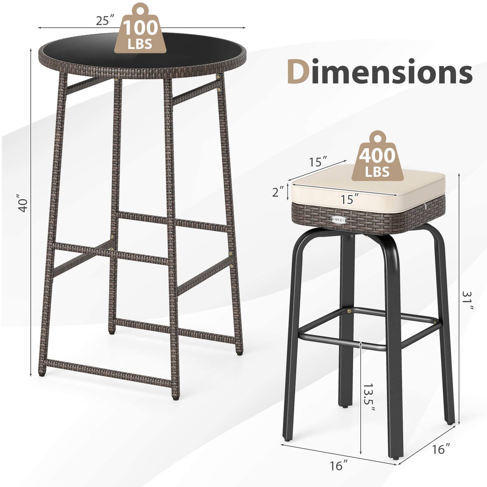- Table: 25" diameter, 40" height, 100 lbs weight capacity
- Stool: 15" seat diameter, 15" seat height, 31" total height, 13.5" footrest height, 16" base width, 400 lbs weight capacity