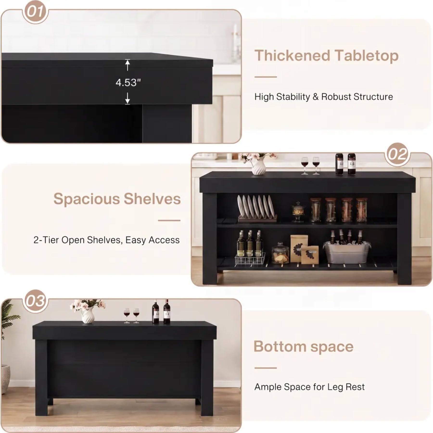 01
Thickened Tabletop
4.53"
High Stability & Robust Structure

02
Spacious Shelves
2-Tier Open Shelves, Easy Access

03
Bottom Space
Ample Space for Leg Rest
