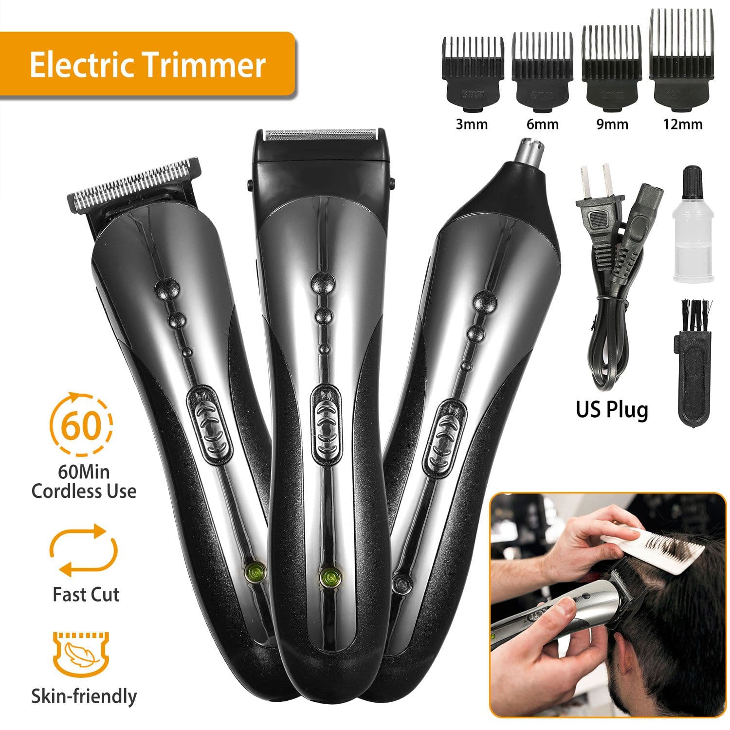Mirfee - Rechargeable All-in-One Grooming Kit: Hair Clipper, Beard & Nose Trimmer Set - Black
