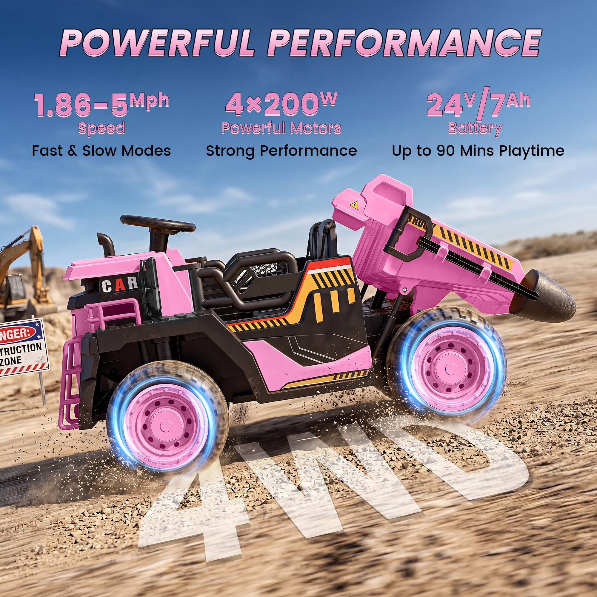POWERFUL PERFORMANCE  
1.86-5Mph  
4x200W  
24V/7Ah  
Speed  
Powerful Motors  
Battery  
Fast & Slow Modes  
Strong Performance  
Up to 90 Mins Playtime
