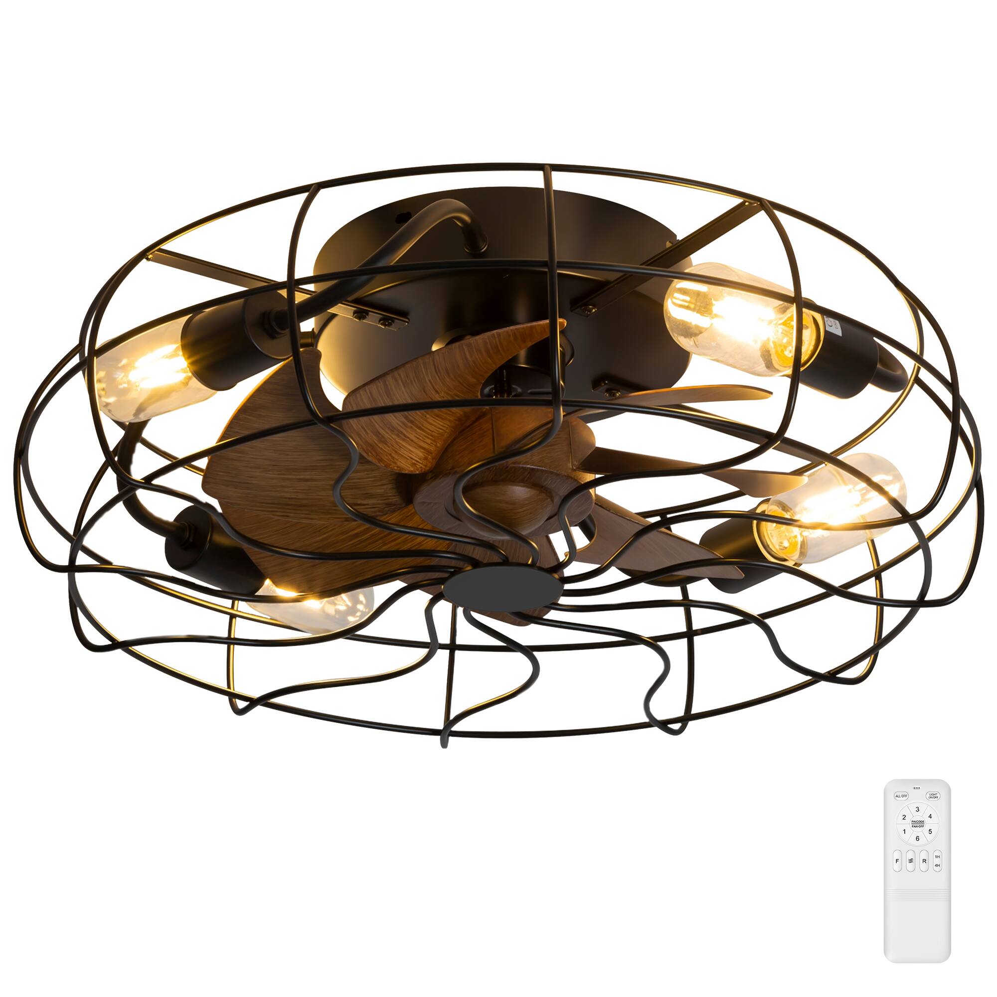 Angle. Breezary - 19-In Traditional Caged Ceiling Fan with Light, Remote Control, 7 Blades, Flush Mount Fandelier for Bedroom, Living Room - Matte Black.