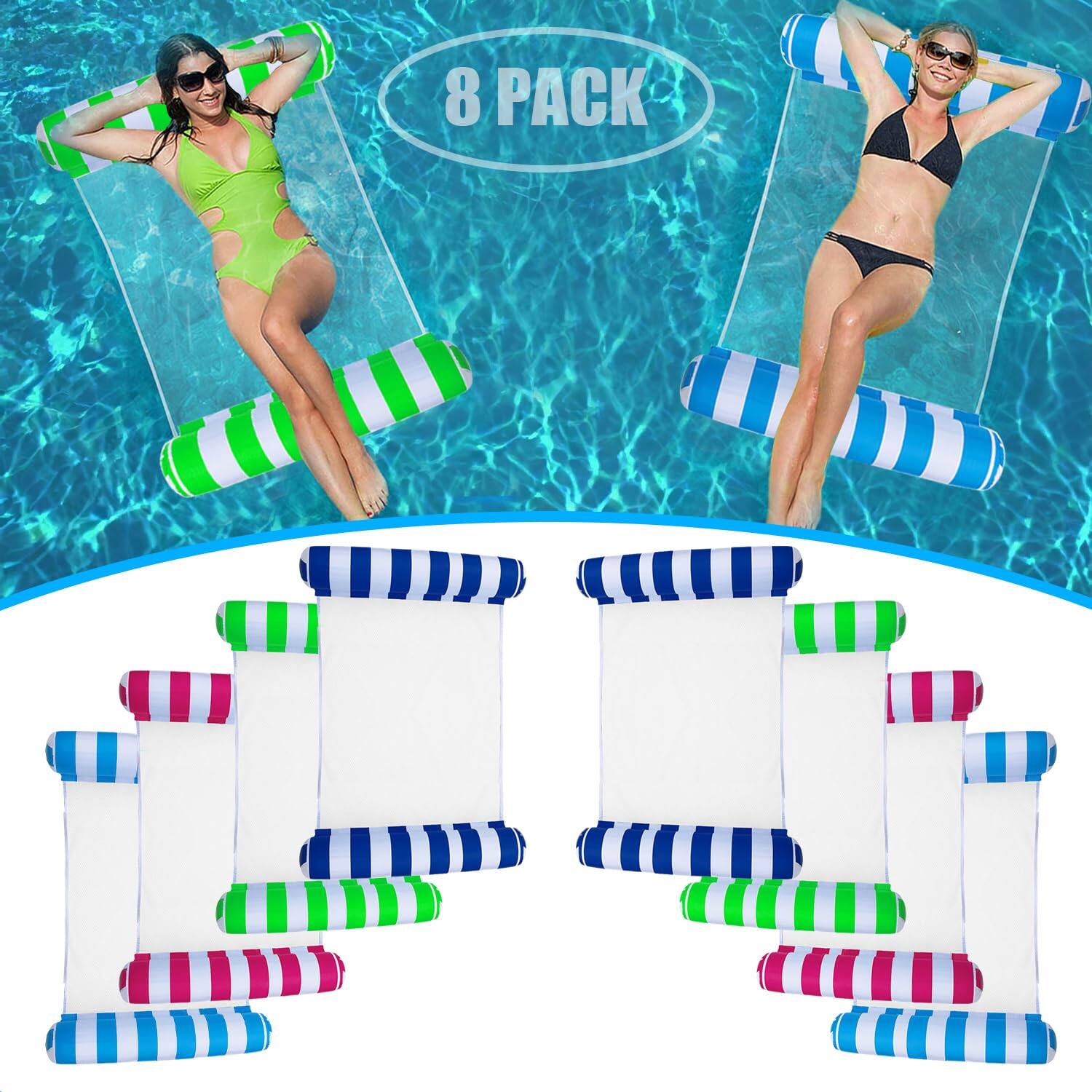 Front. JETRANSPORT - 8 Pack Pool Floats Adult Size Multi-purpose 4-in-1 Inflatable Hammock Toys (saddle Lounge Chair Drifter) For - Default.