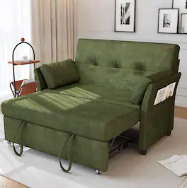Vipbear - 3-in-1 Convertible Sofa Bed, Pull Out Sleeper Sofa with Side Pocket & Adjustable Backrest, Tool-Free Assembly - Green