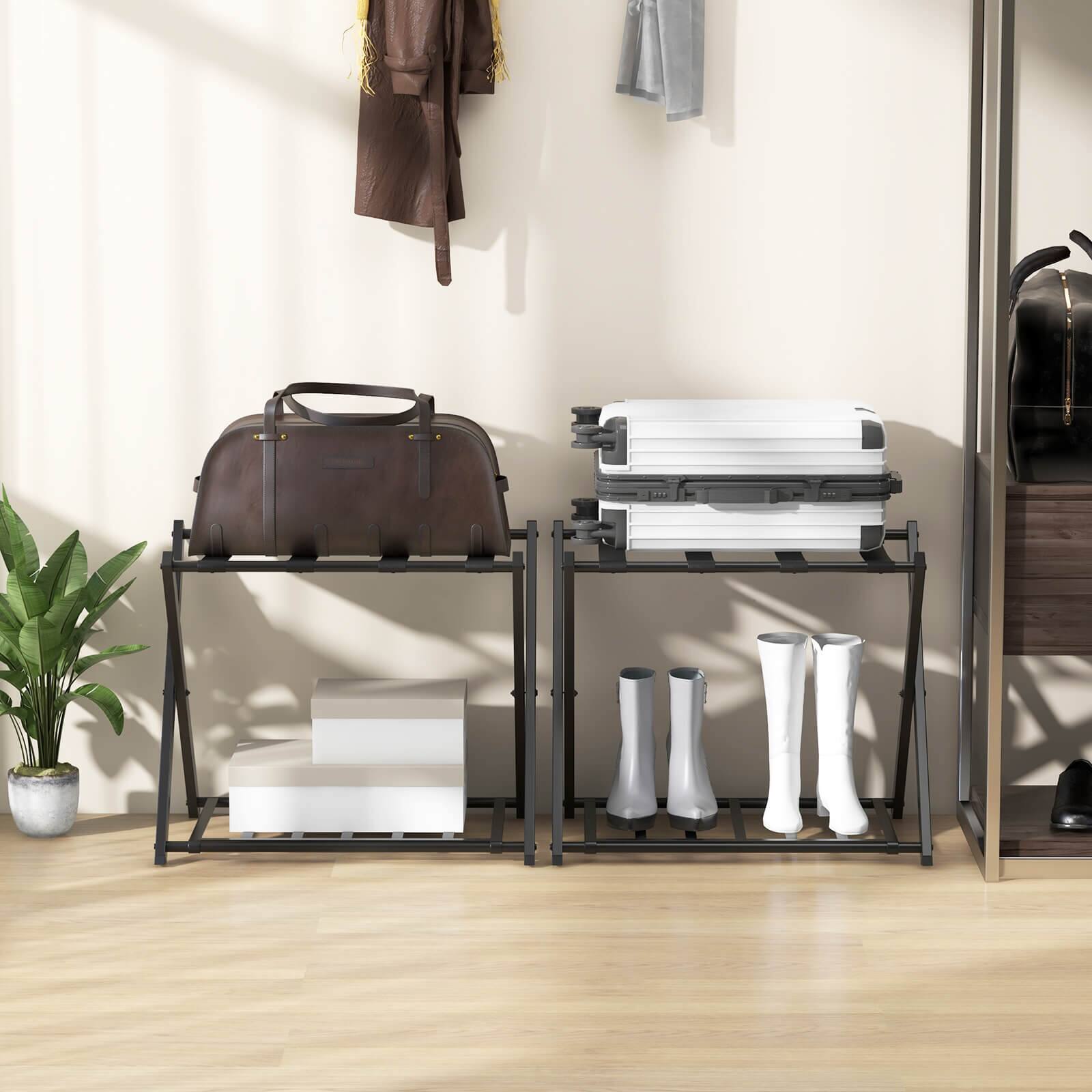 Alt View 4. Costway - Costway Set of 2 Folding Metal Luggage Rack Suitcase Shoe Holder Hotel Guestroom w/Shelf - Black.