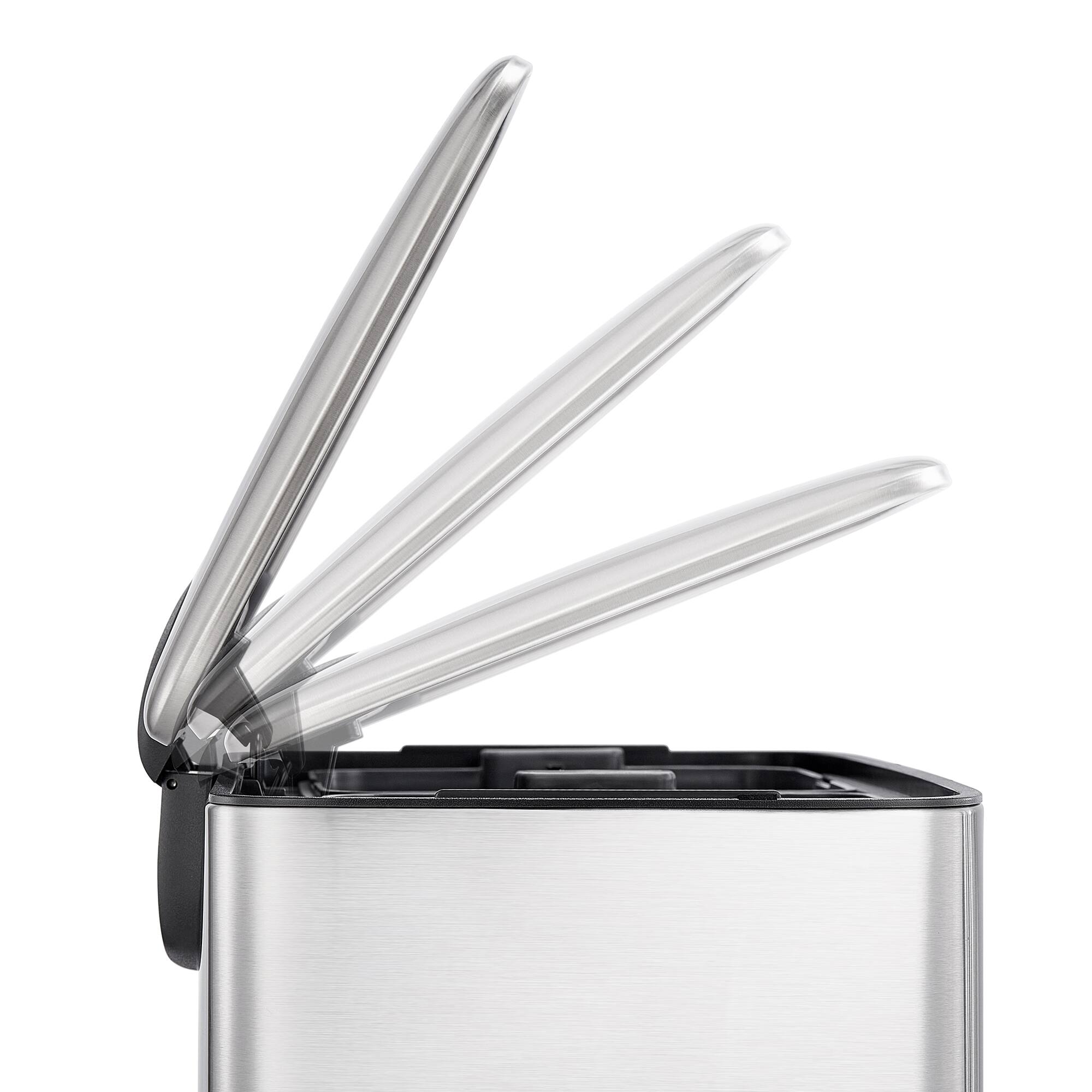 Left. Innovaze - 9.5 Gallon Trash Can, 4.75 Gallon Dual Compartment Recycling Step-On Kitchen Trash Can, Stainless Steel - Sliver.