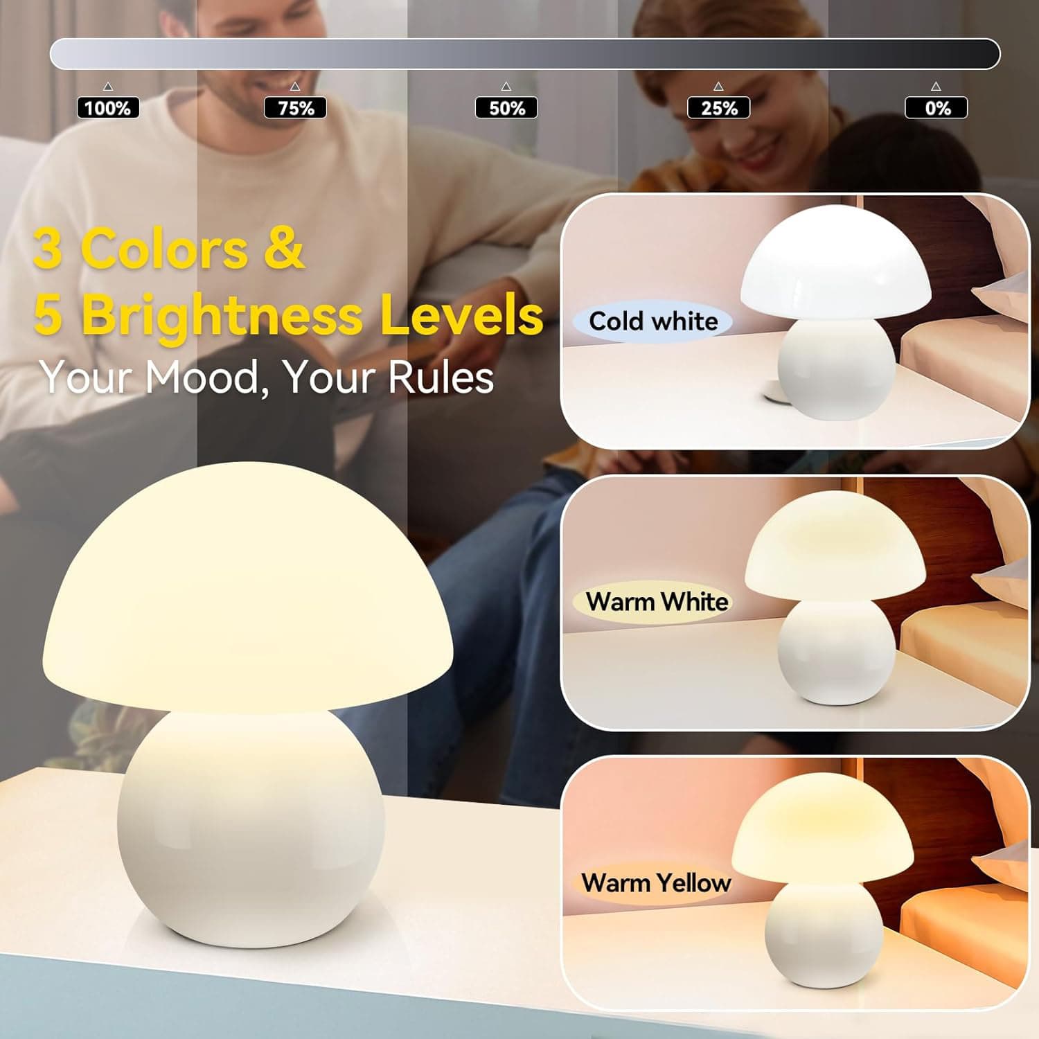 100% 75% 50% 25% 0%

3 Colors & 5 Brightness Levels  
Your Mood, Your Rules

Cold white  
Warm White  
Warm Yellow