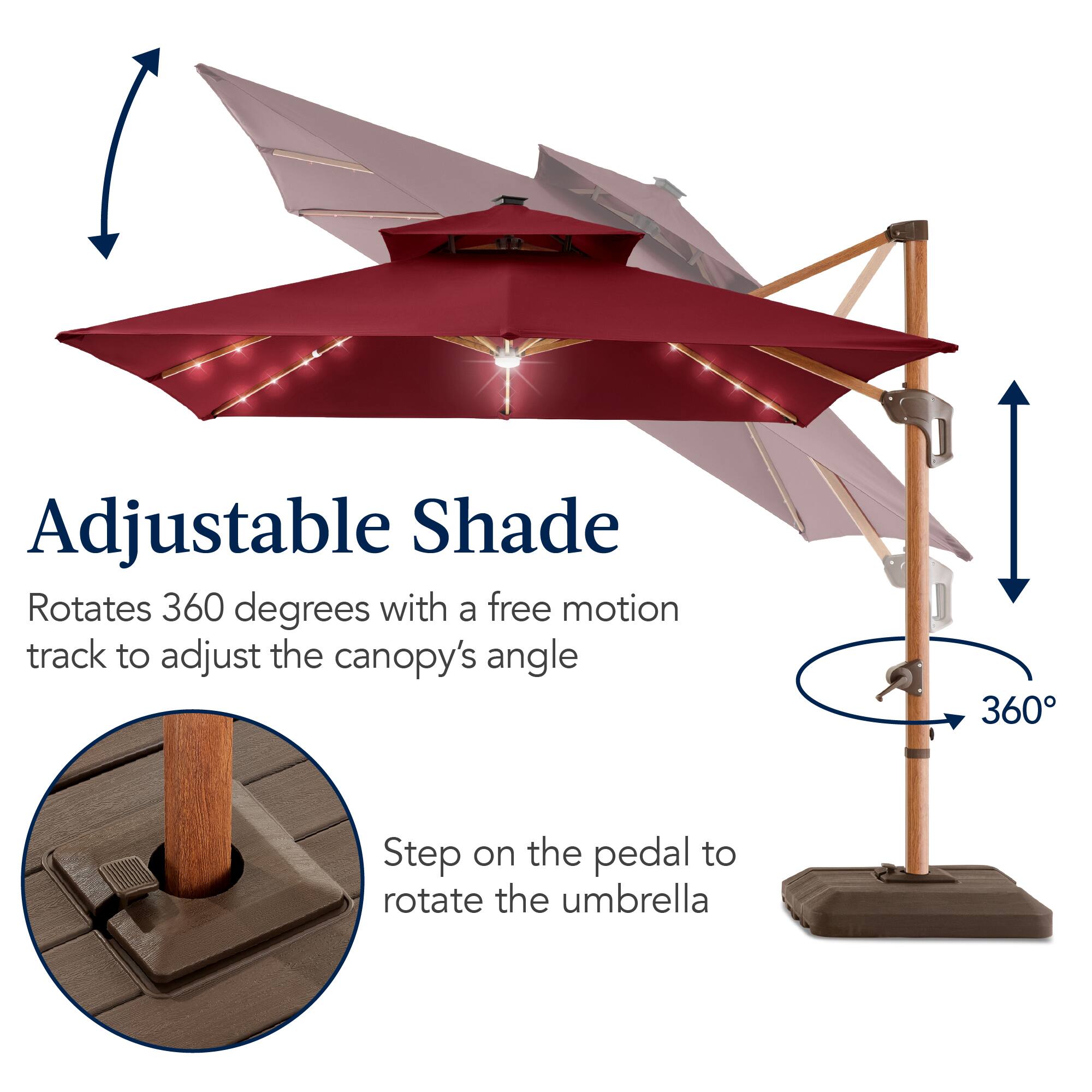 Adjustable Shade Rotates 360 degrees with a free motion track to adjust the canopy's angle. Step on the pedal to rotate the umbrella.