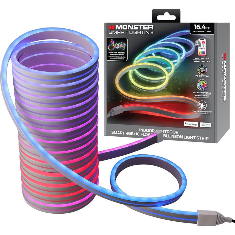 MONSTER 16.4FT SMART LIGHTING  
Jooly M OS SNACRS  
- TS - daa - osn  
- Li AM CONTROL V GERTRES NATS  
- E CONTROL J SOUND REACTIVE  
- C FLOW - selurs  
- WATER RESISTANT  
- f Google INDOOR / OUTDOOR SMART RGB+IC FLOW BLE NEON LIGHT STRIP  
- MONSTER
