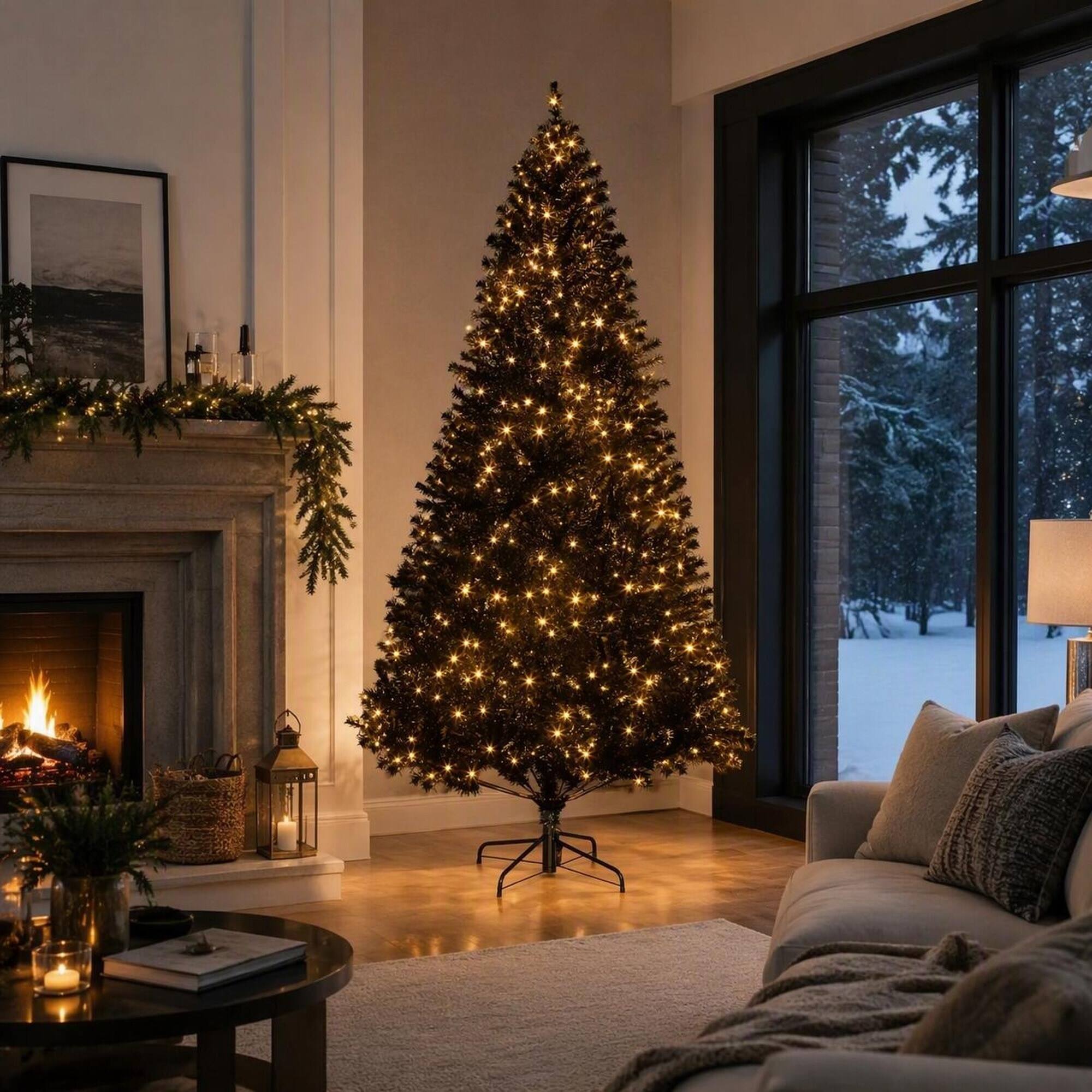 Left. RYHNUYNE - 7.5 FT Tall Pre-Lit Artificial Christmas Tree, Realistic Branches Hinged Design Easy Assembly Warm Holiday Home Decor - Black.