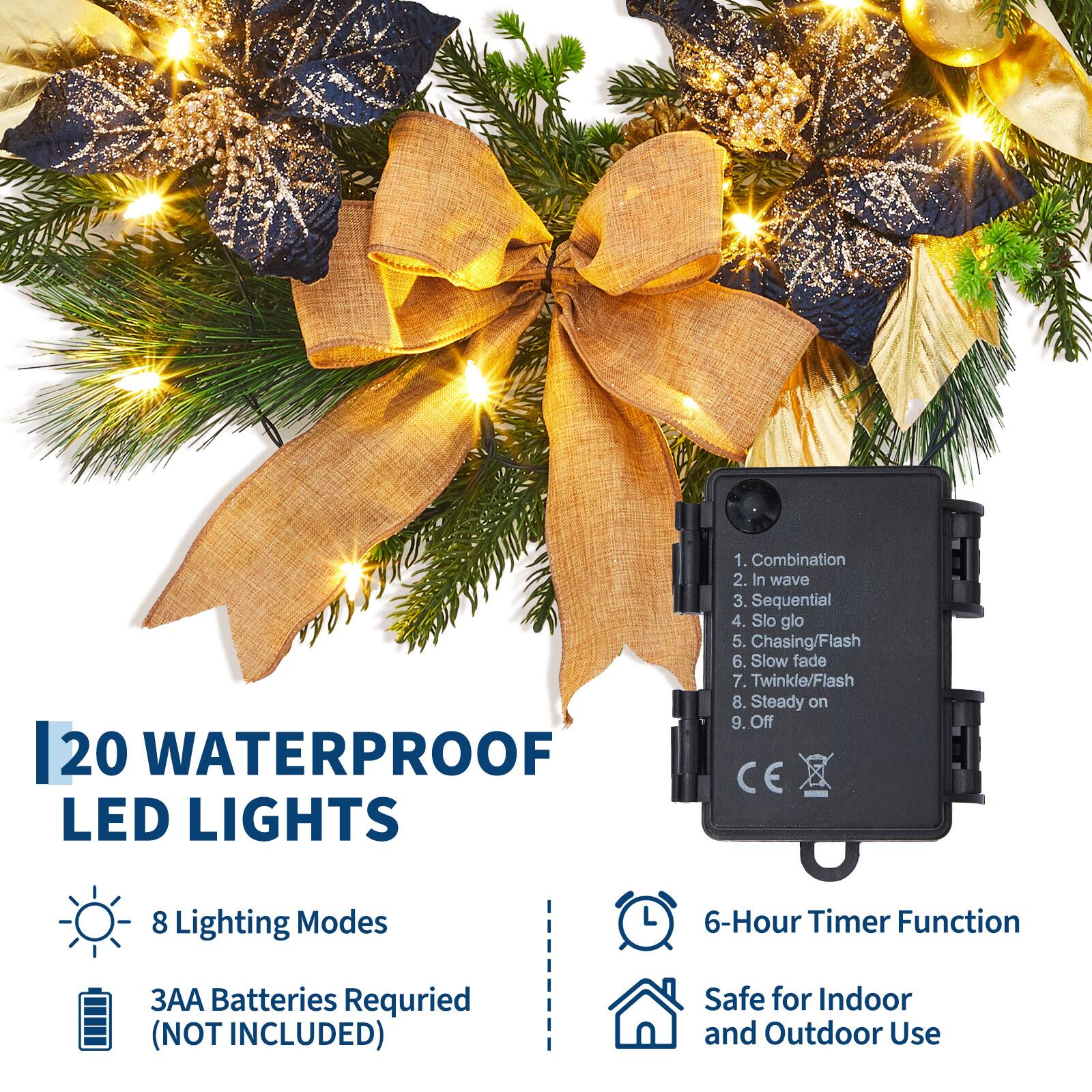 120 WATERPROOF LED LIGHTS

8 Lighting Modes:
1. Combination
2. In wave
3. Sequential
4. Slo glo
5. Chasing/Flash
6. Slow fade
7. Twinkle/Flash
8. Steady on
9. Off

3AA Batteries Required (NOT INCLUDED)

6-Hour Timer Function

Safe for Indoor and Outdoor Use

CE