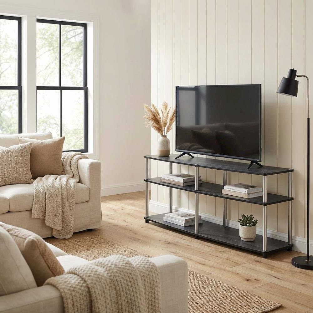 Alt View 2. FurniFact - Weathered Gray 3-Tier TV Stand with Particle Board and Stainless Steel Poles - Gray.