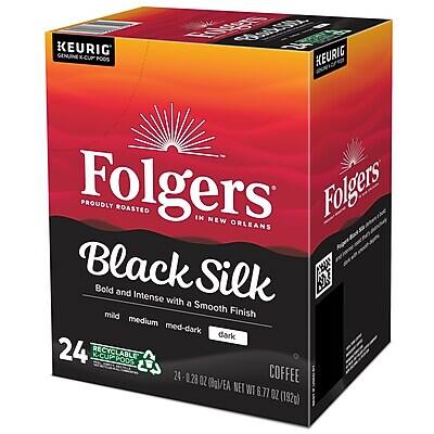 KEURIG GENUINE K-CUP PODS

Folgers
PROUDLY ROASTED IN NEW ORLEANS

Black Silk
Bold and Intense with a Smooth Finish
mild medium med-dark dark

24 RECYCLABLE K-CUP PODS
24 - 0.23 OZ COFFEE (8g) EACH
NET WT 6.77 OZ (192g)
