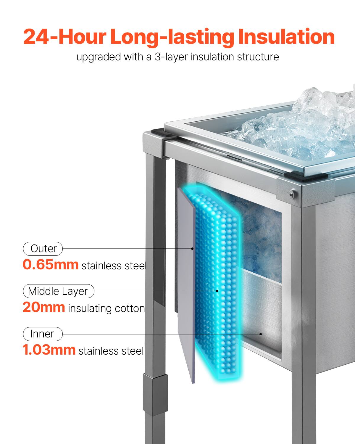 24-Hour Long-lasting Insulation  
upgraded with a 3-layer insulation structure  

Outer  
0.65mm stainless steel  

Middle Layer  
20mm insulating cotton  

Inner  
1.03mm stainless steel