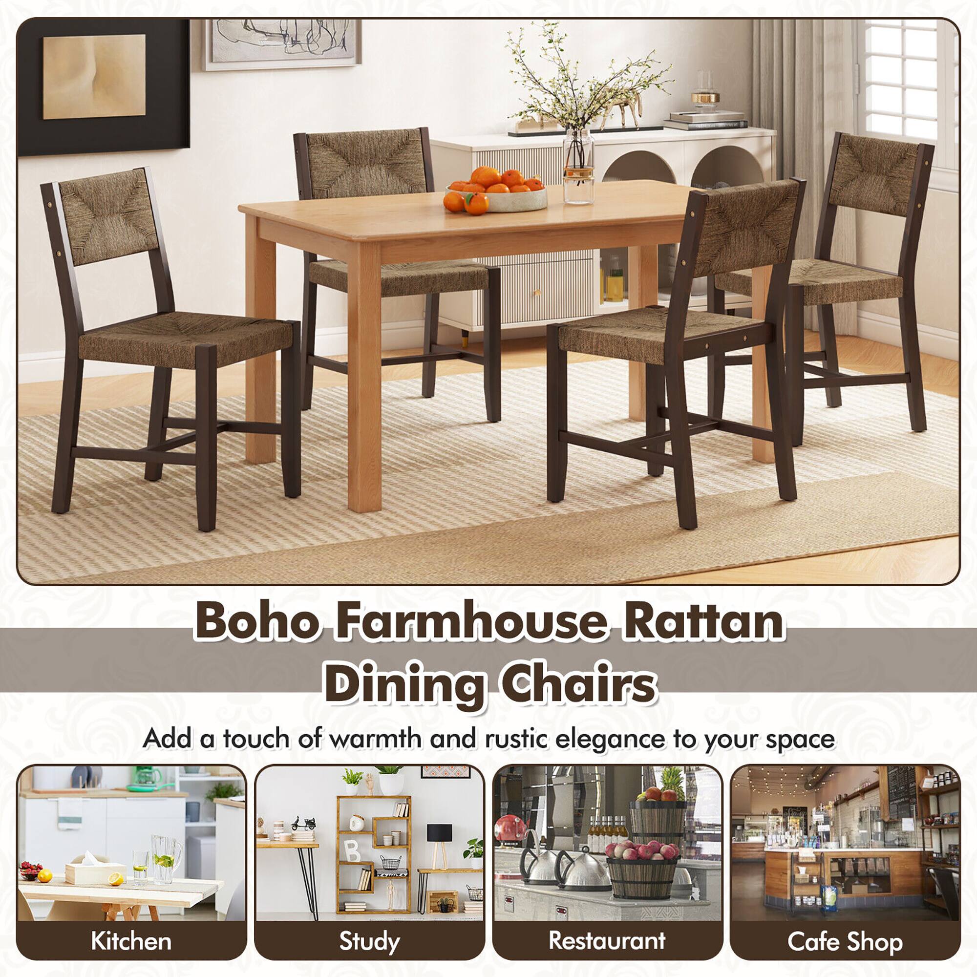 Boho Farmhouse Rattan Dining Chairs: Add a touch of warmth and rustic elegance to your space. Suitable for: Kitchen, Study, Restaurant, Cafe, Shop.