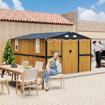 Front. TinyHomie - 10X12 FT Outdoor Steel Storage Shed with Lockable Doors 2 Windows Garden Shed Wood Panels and Frame Floor Not Included.