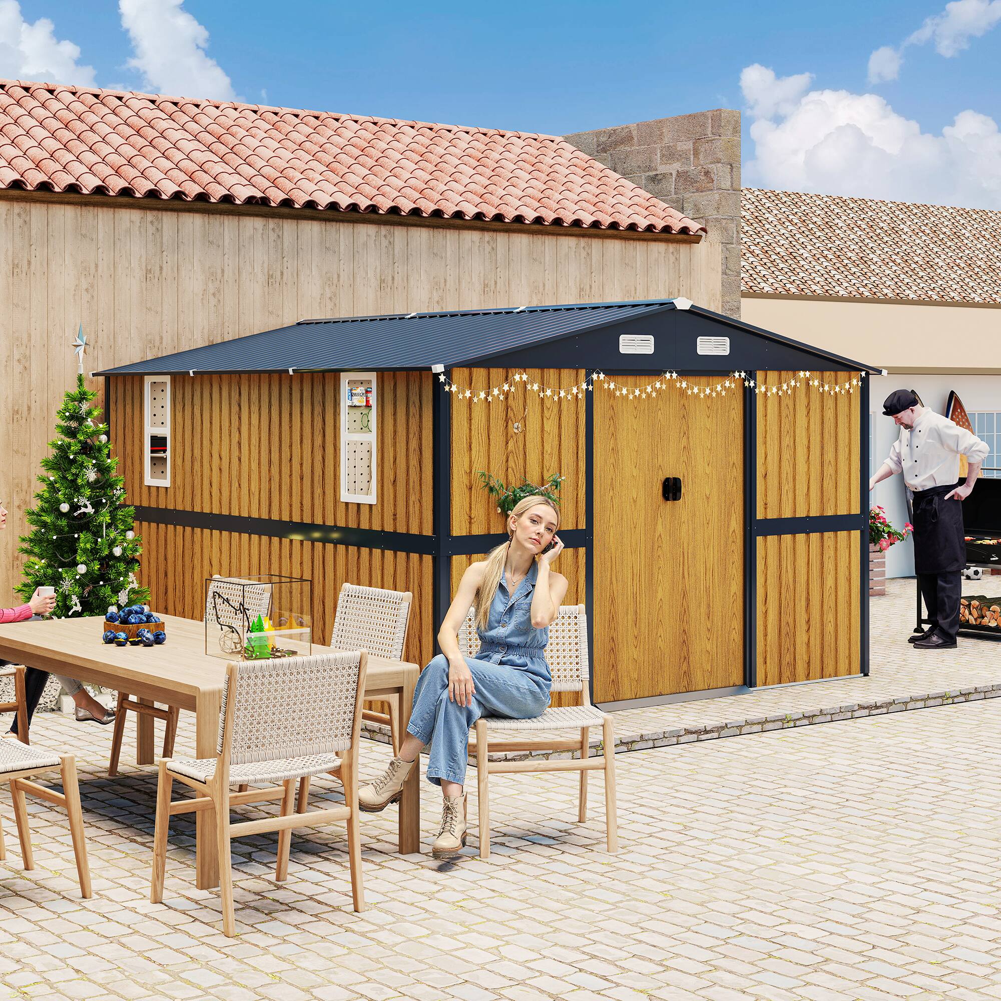 Front. TinyHomie - 10X12 FT Outdoor Steel Storage Shed with Lockable Doors 2 Windows Garden Shed Wood Panels and Frame Floor Not Included.