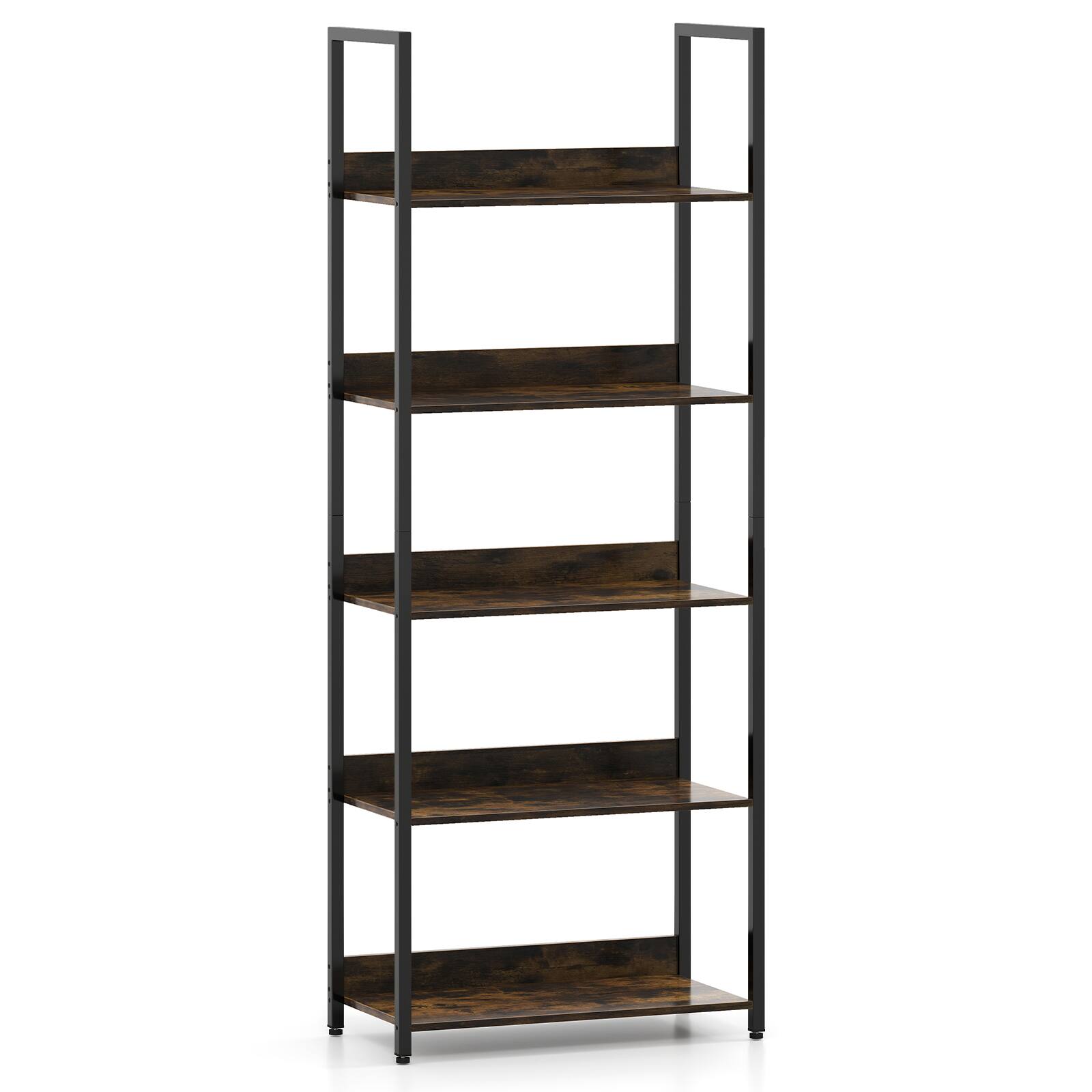 Alt View 9. Costway - Costway 5-Tier Bookshelf, Tall Wooden Open Bookcase with Back Panels and Metal Frame - Rustic Brown + Black.