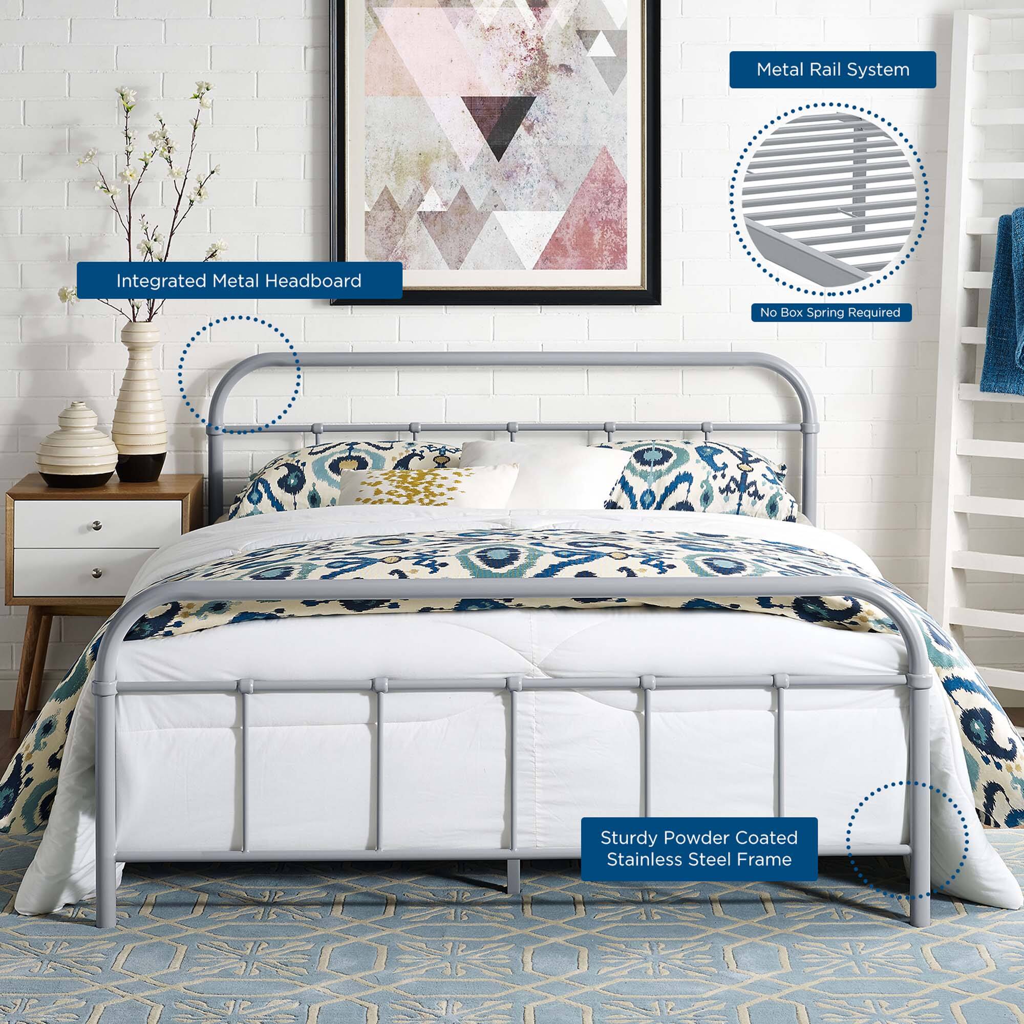 - Integrated Metal Headboard
- Metal Rail System
- No Box Spring Required
- Sturdy Powder Coated Stainless Steel Frame