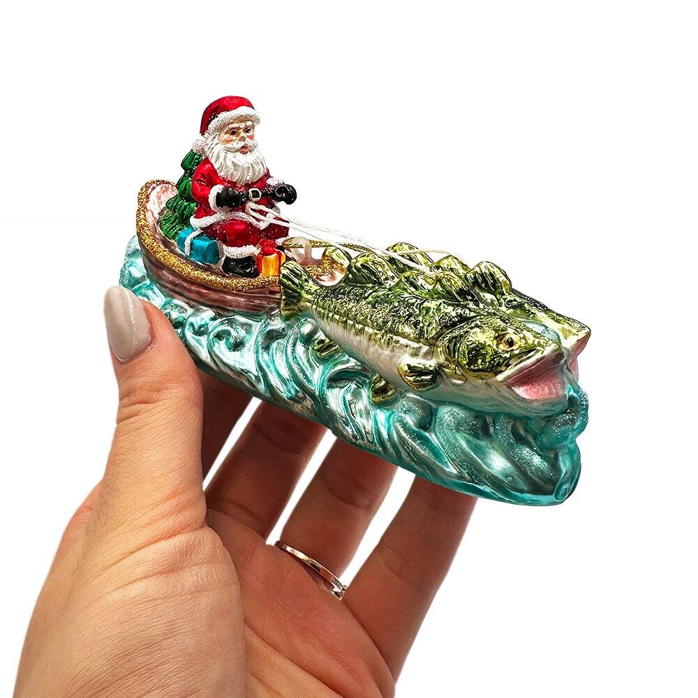 Back. OrnamentallyYou - Santas Fishing Adventure Glass Christmas Ornament Holiday Angler Fish in Sleigh - Multi-colored.