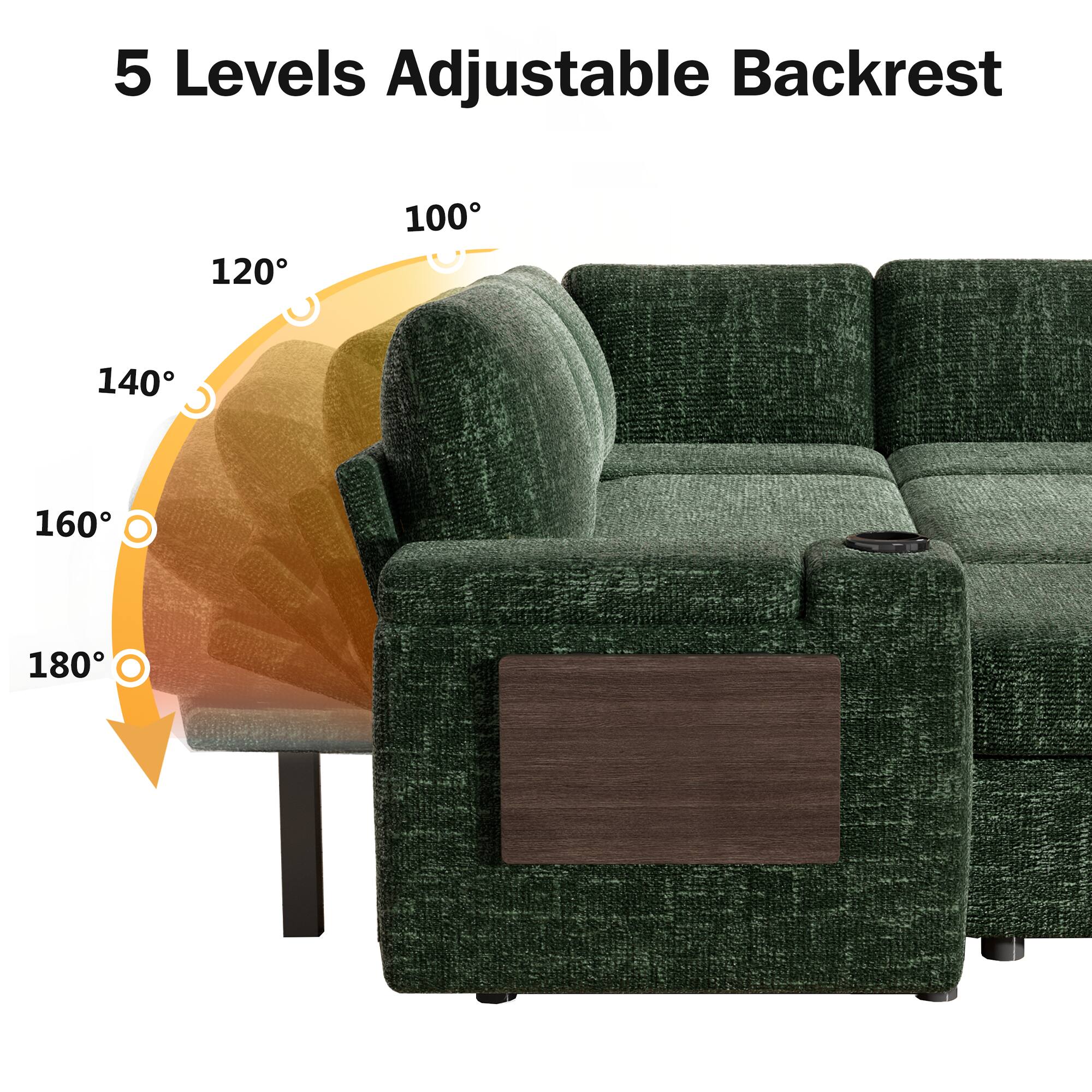 5 Levels Adjustable Backrest

120°  
140°  
160°  
180°  
100°