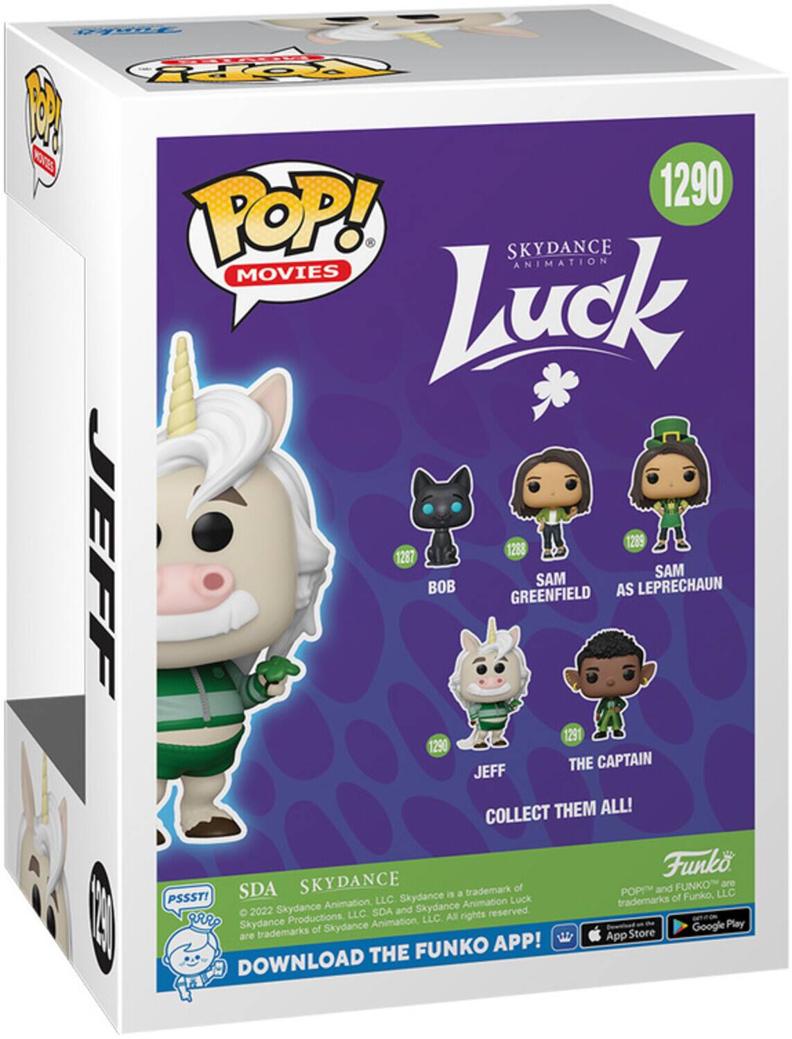 POP! MOVIES, SKYDANCE ANIMATION, LUCK, 1290, 1289, 1288, 1287, SAM, BOB, SAM AS LEPRECHAUN, GREENFIELD, 1291, THE CAPTAIN, JEFF, COLLECT THEM ALL!, FUNKO, SDA, 2022, Skydance Animation, LLC, Skydance Productions, LLC, SDA, FUNKO, LLC, PSSST!, DOWNLOAD THE FUNKO APP!, App Store, Google Play