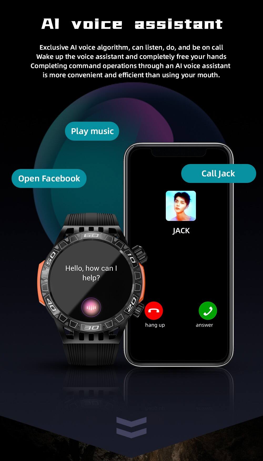 AI voice assistant

Exclusive AI voice algorithm, can listen, do, and be on call. Wake up the voice assistant and completely free your hands. Completing command operations through an AI voice assistant is more convenient and efficient than using your mouth.

Play music
Open Facebook
Call Jack

JACK

Hello, how can I help?

hang up
answer