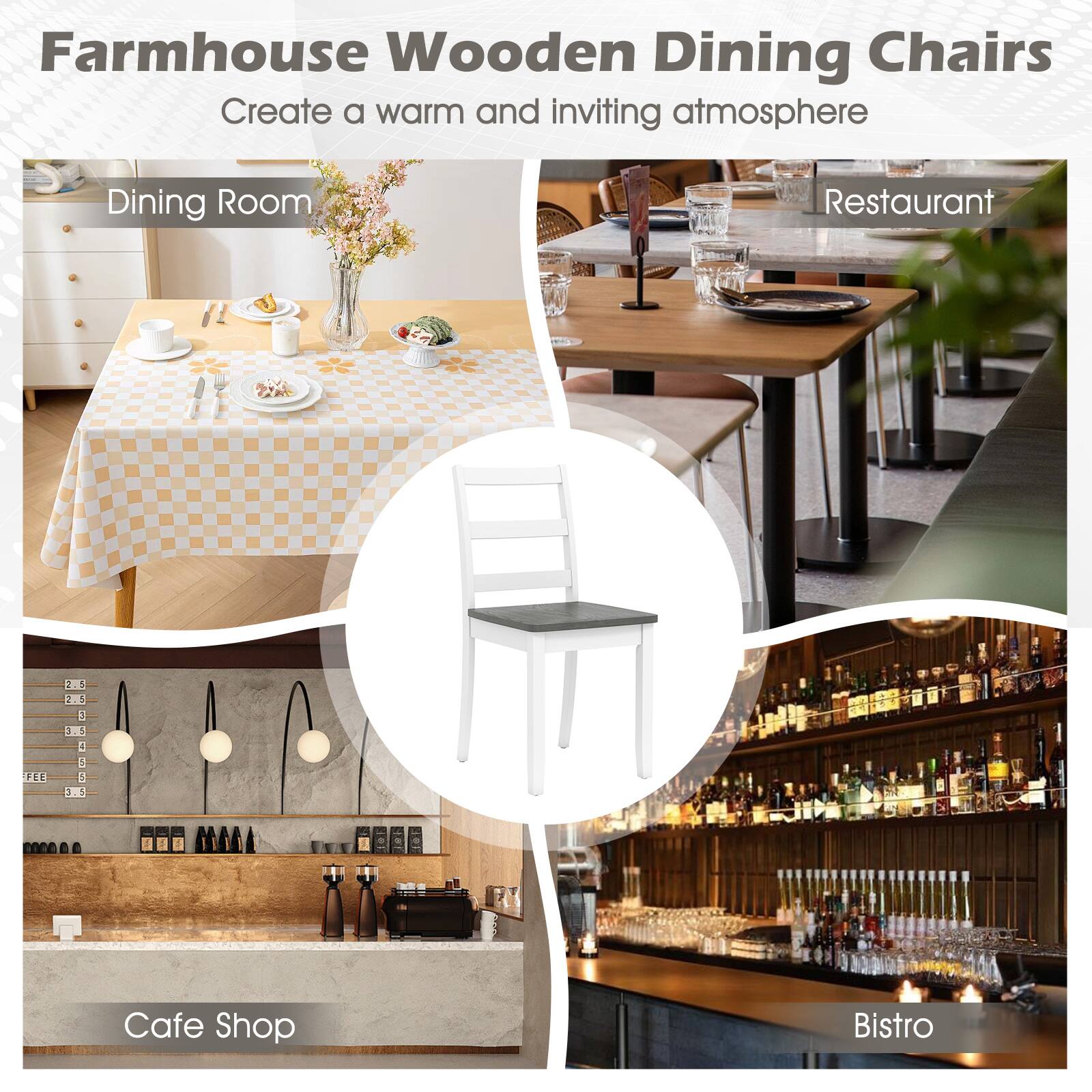 Farmhouse Wooden Dining Chairs  
Create a warm and inviting atmosphere  

Dining Room  
Restaurant  
Cafe Shop  
Bistro