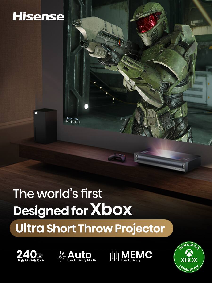 Hisense HALD NFINITE The world's first Designed for Xbox Ultra Short Throw Projector DESIGNED FOR XBOX.