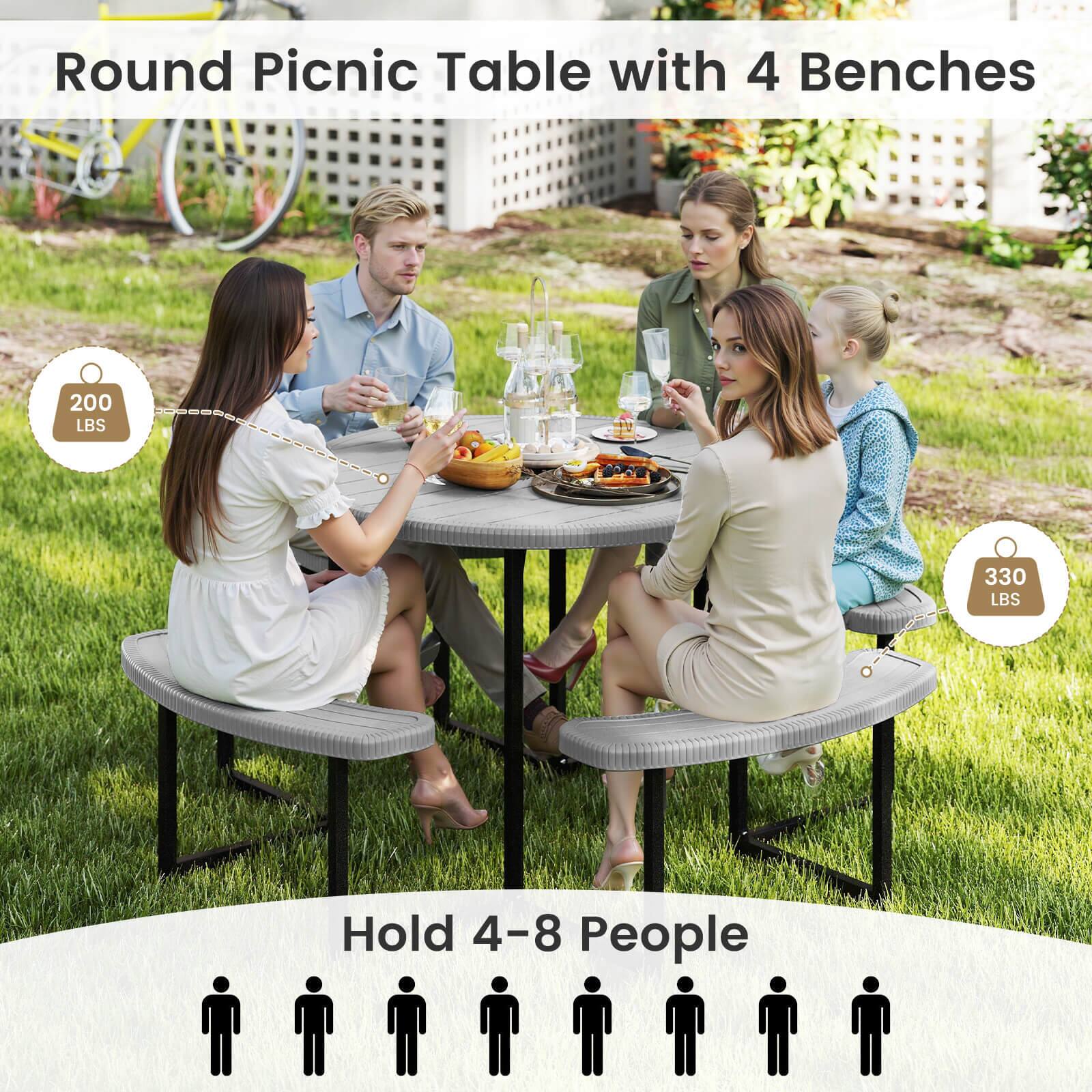Round Picnic Table with 4 Benches: Hold 4-8 People