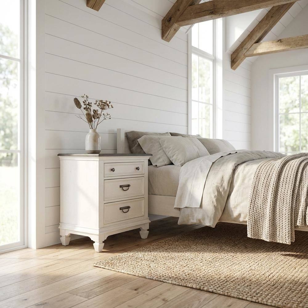 Alt View 2. Starlight Canyon Home - White Nightstand with Charging Station and Wirebrushed Finish - White.