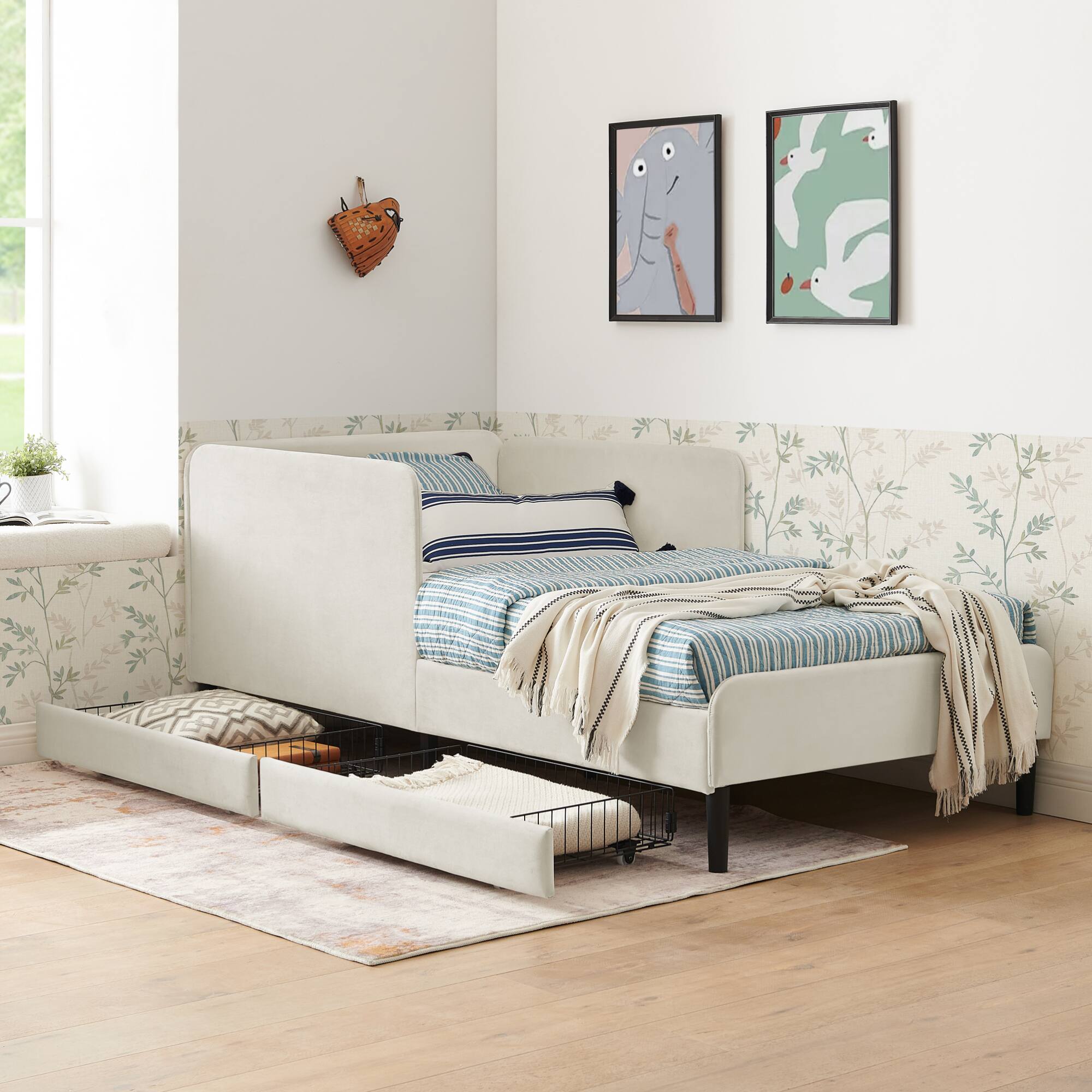 Left. GOODSILO - Twin Size Upholstered Platform Sofa Bed Frame with Dual Storage Drawers for Space Saving Solutions - Beige.