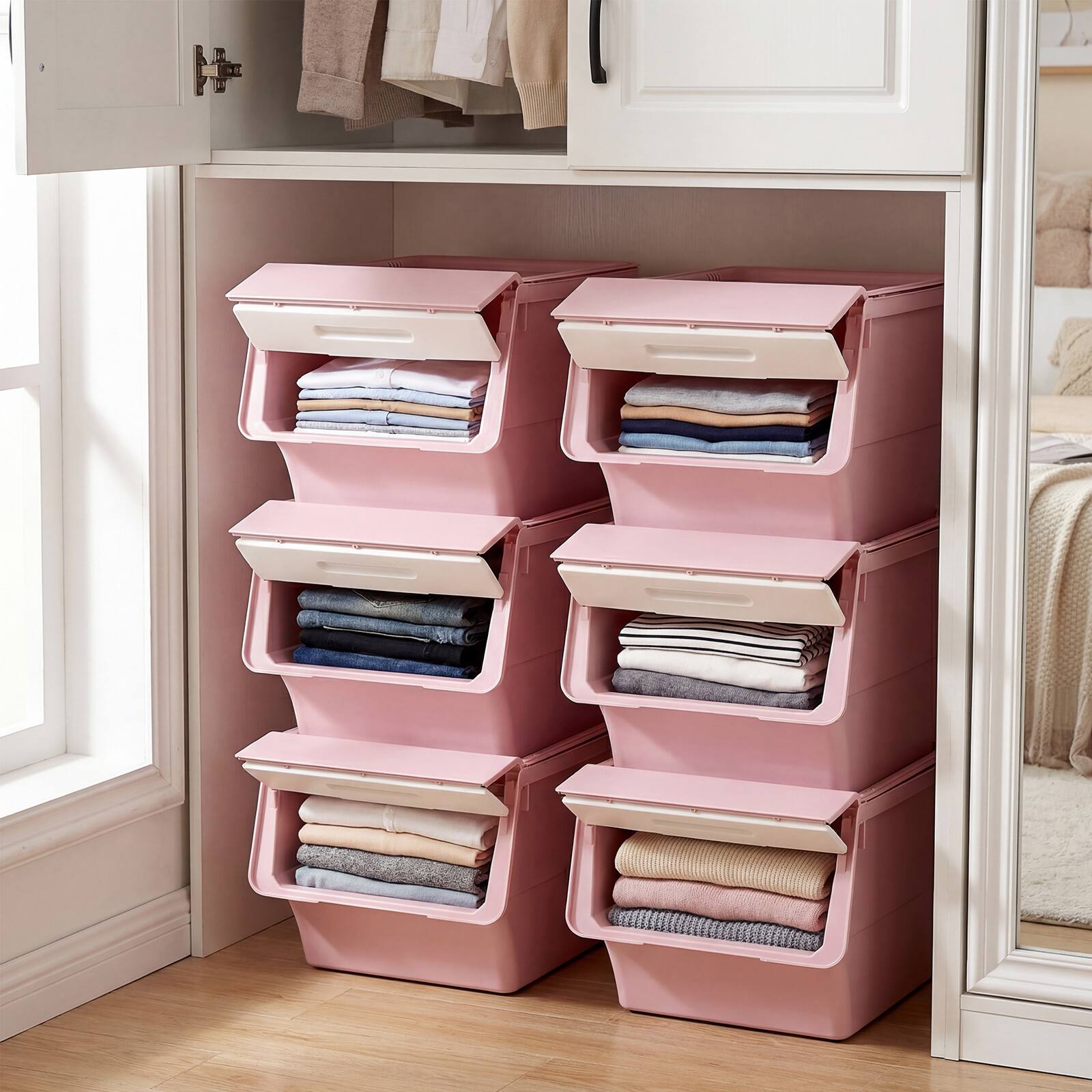 Alt View 4. Costway - Costway 6 PCS Storage Bins on Wheels with Stay-Open Lid for Kitchen Bedroom Laundry Closet - White + Pink.