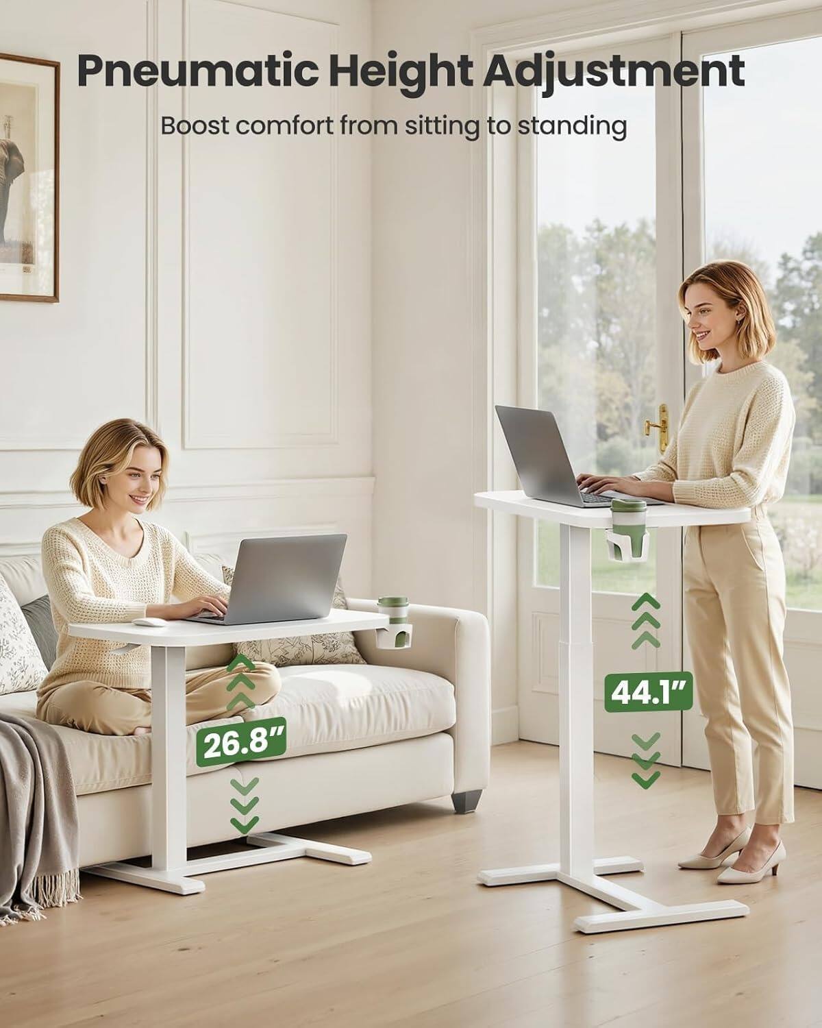 Pneumatic Height Adjustment  
Boost comfort from sitting to standing  

26.8"  
44.1"