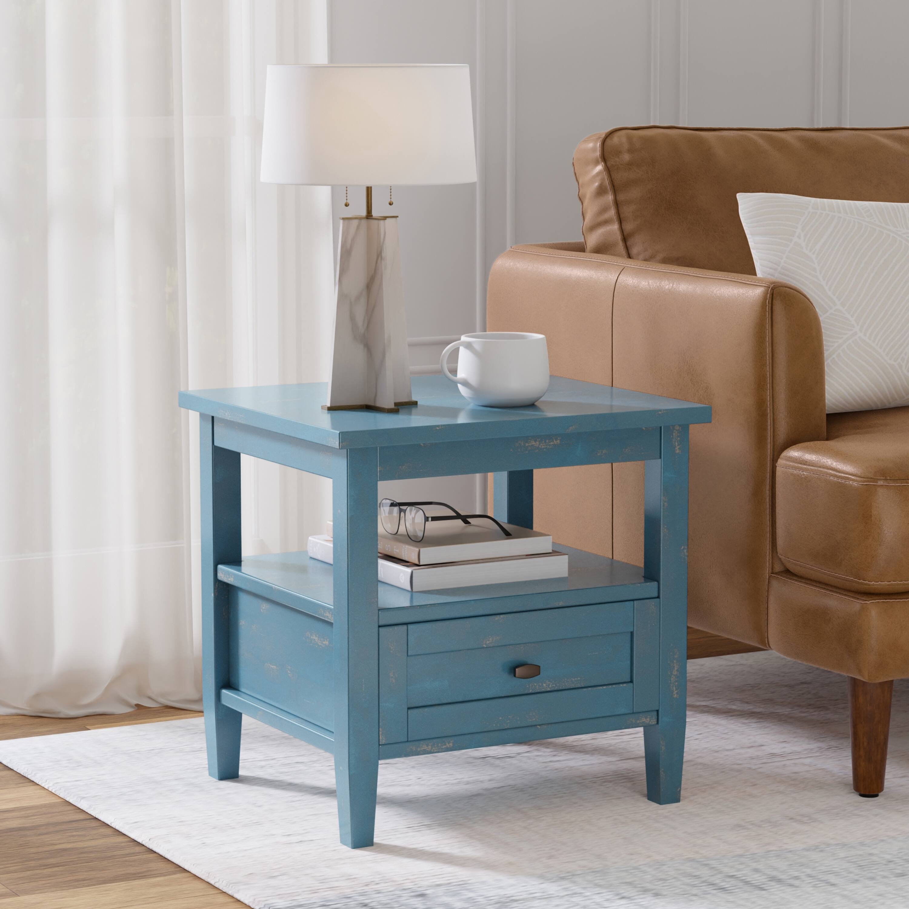 Angle. Simpli Home - Warm Shaker Solid Wood 20 inch Wide Transitional End Table in Distressed Coastal Blue - Distressed Coastal Blue.