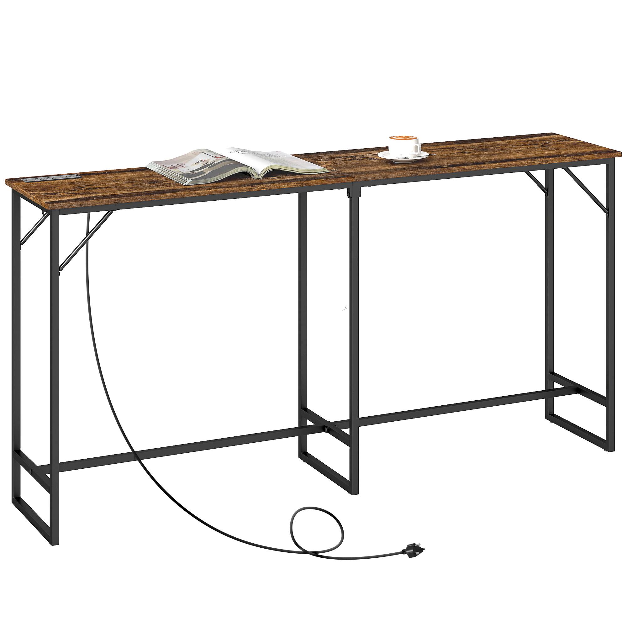 Homcom - 70" Long Counter Height Table with Charging Station, Industrial Style Rectangular Bar Table with Steel Frame - Rustic Brown