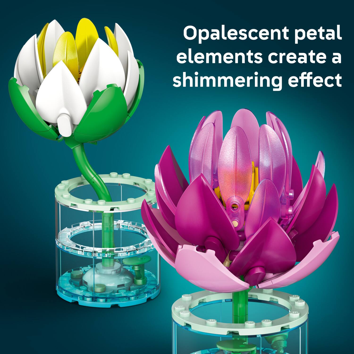 Opalescent petal elements create a shimmering effect