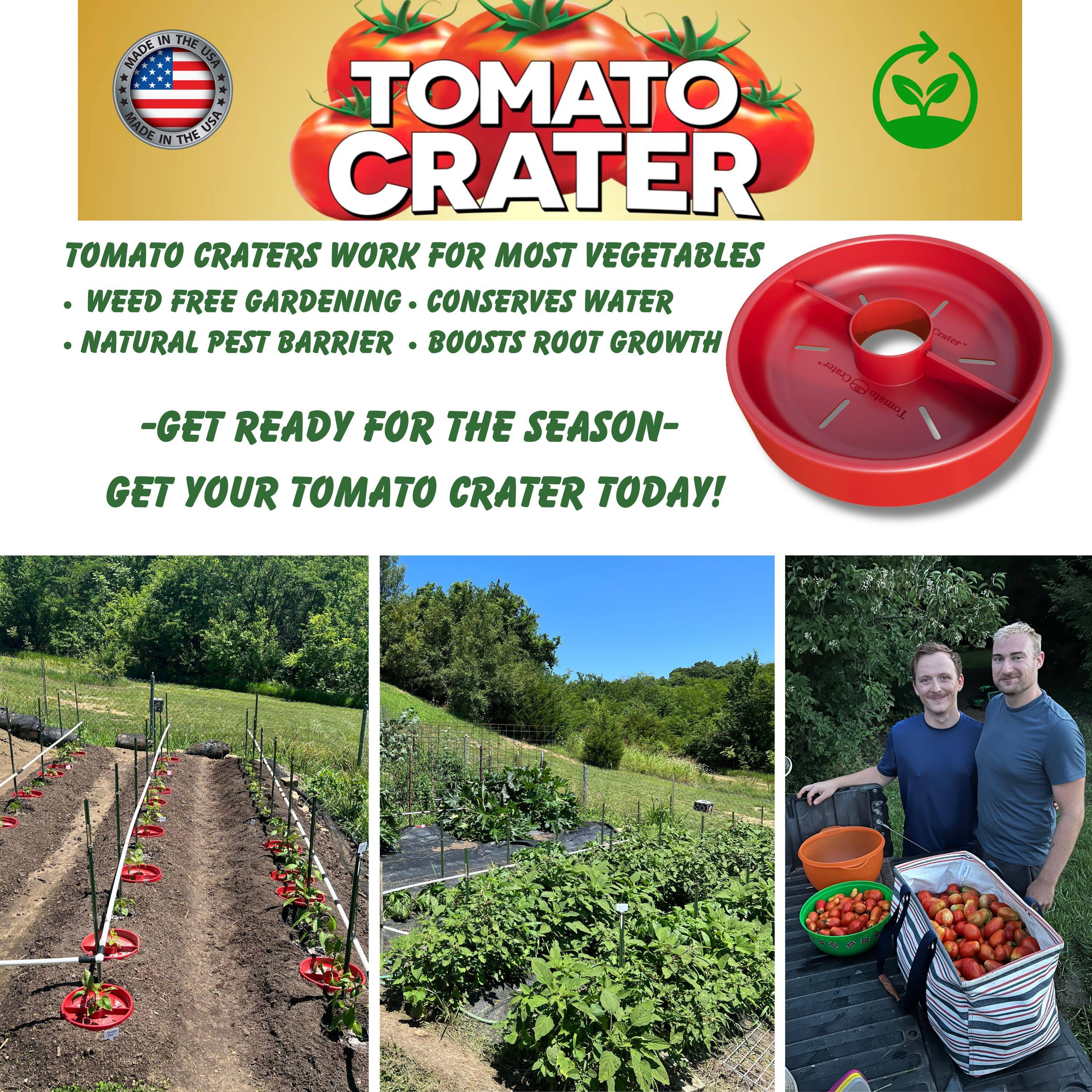 **TOMATO CRATER**

- TOMATO CRATERS WORK FOR MOST VEGETABLES
- WEED FREE GARDENING
- CONSERVES WATER
- NATURAL PEST BARRIER
- BOOSTS ROOT GROWTH

- GET READY FOR THE SEASON -
- GET YOUR TOMATO CRATER TODAY!

---

**MADE IN THE USA**

---

**-GET READY FOR THE SEASON-**
**GET YOUR TOMATO CRATER TODAY!**
