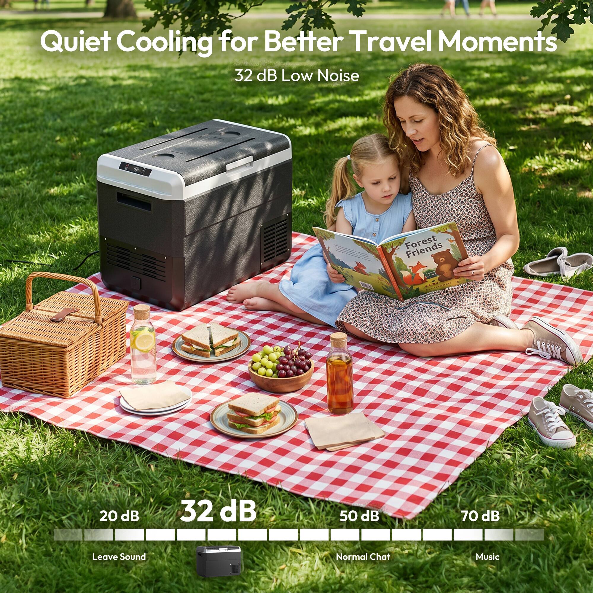 Quiet Cooling for Better Travel Moments  
32 dB Low Noise  

20 dB - Leave Sound  
32 dB - Normal Chat  
50 dB - Music  
70 dB