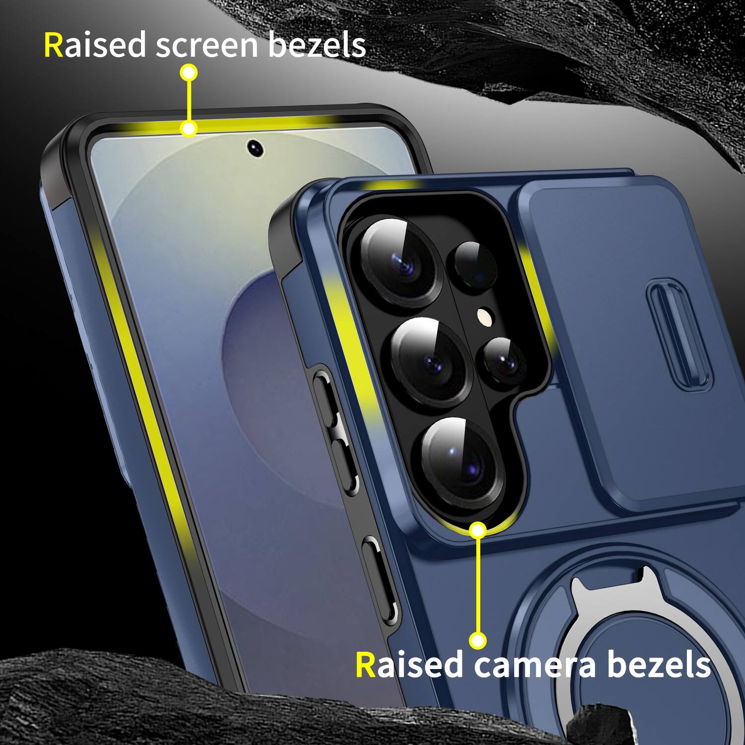 Raised screen bezels  
Raised camera bezels